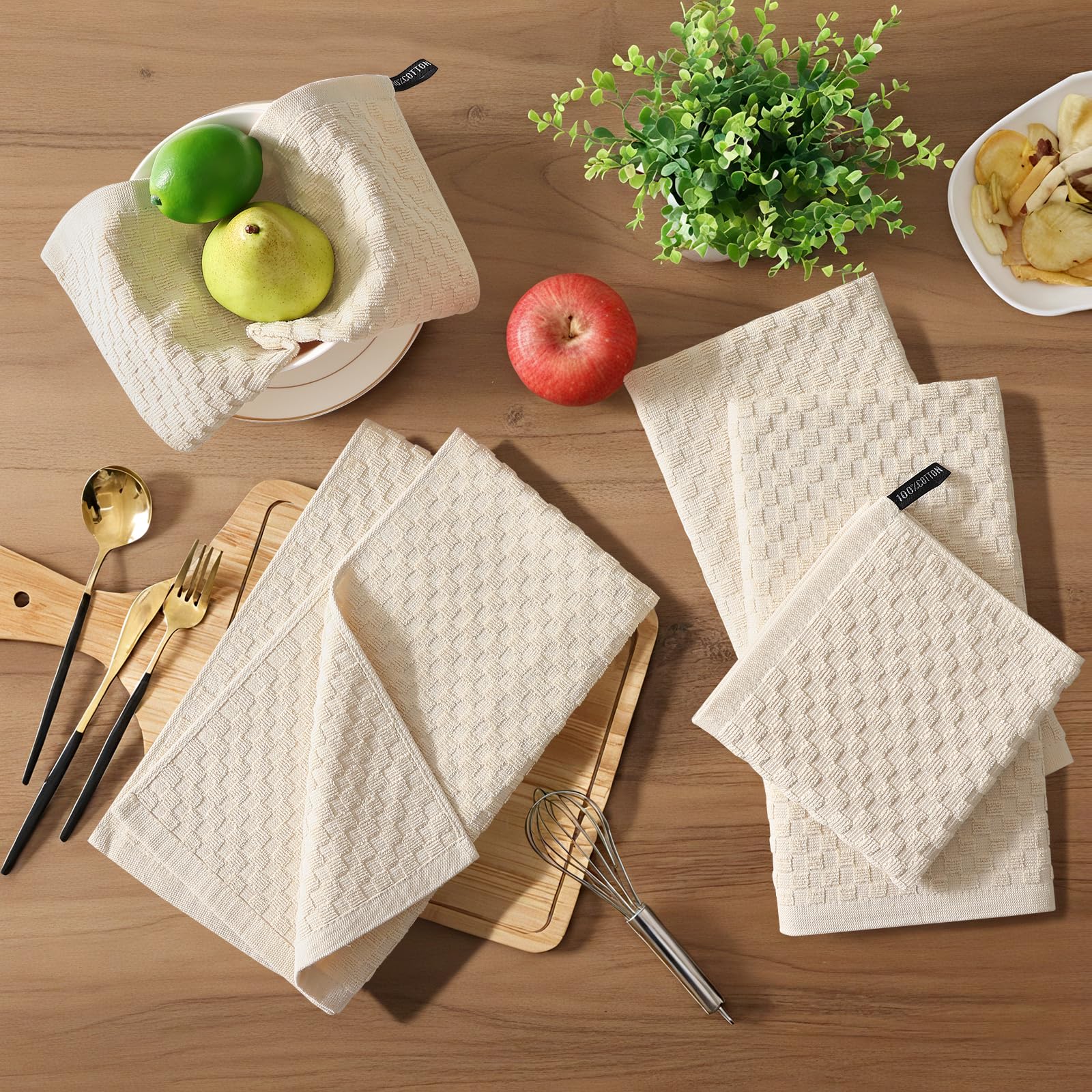 Homaxy Lot de 6 torchons de cuisine 100 % coton éponge (38,1 x 63,5 cm), doux et super absorbants, 380 g/m² réutilisables avec boucle de suspension, motif grille d'ananas, beige