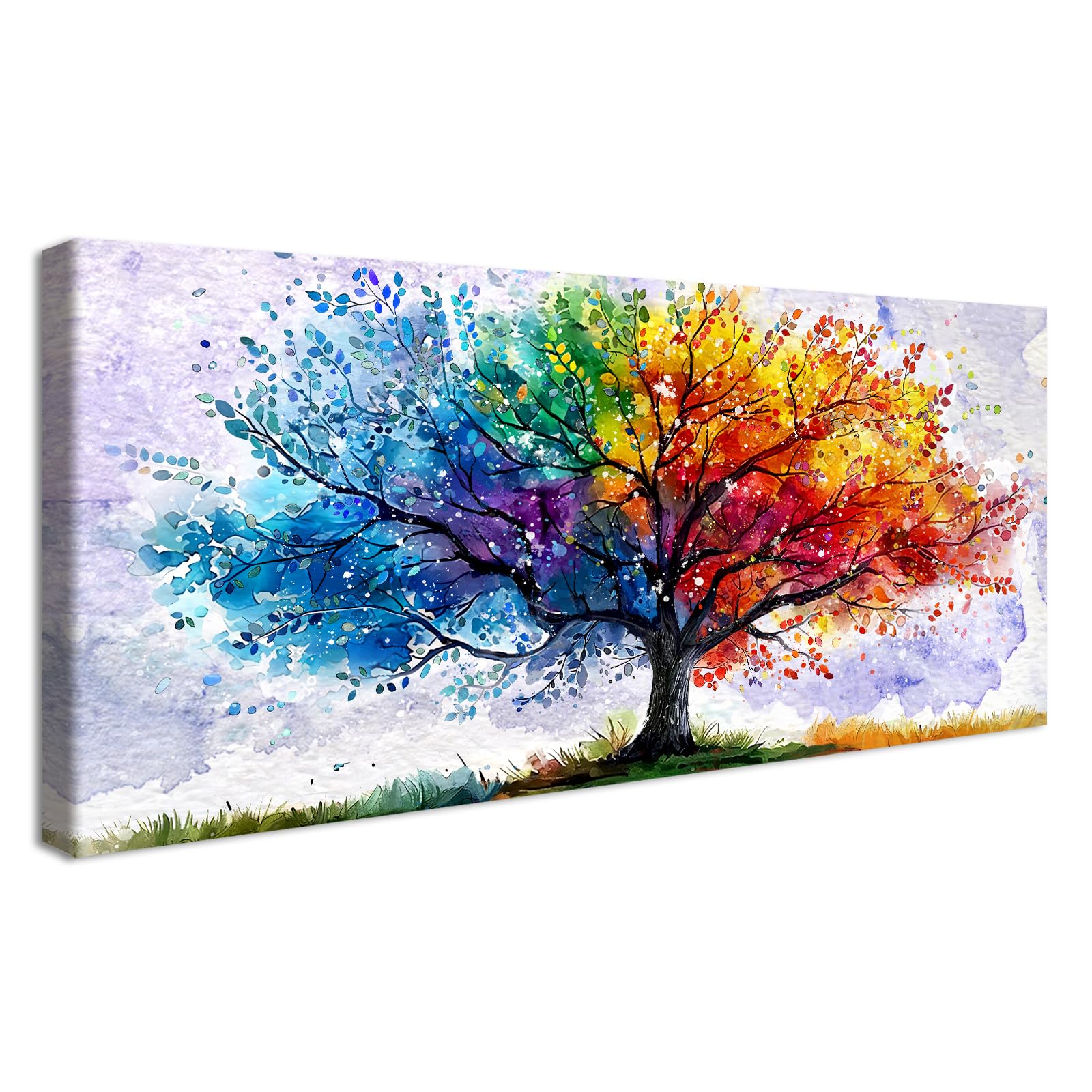 Wooden Framed Large Canvas Wall Art Watercolour Tree Of Life Abstract Painting on Canvas Prints Poster Colourful Tree White Snowflake Pictures for Living Room Bedroom Restaurant Wall Decor 50x120cm — image 1