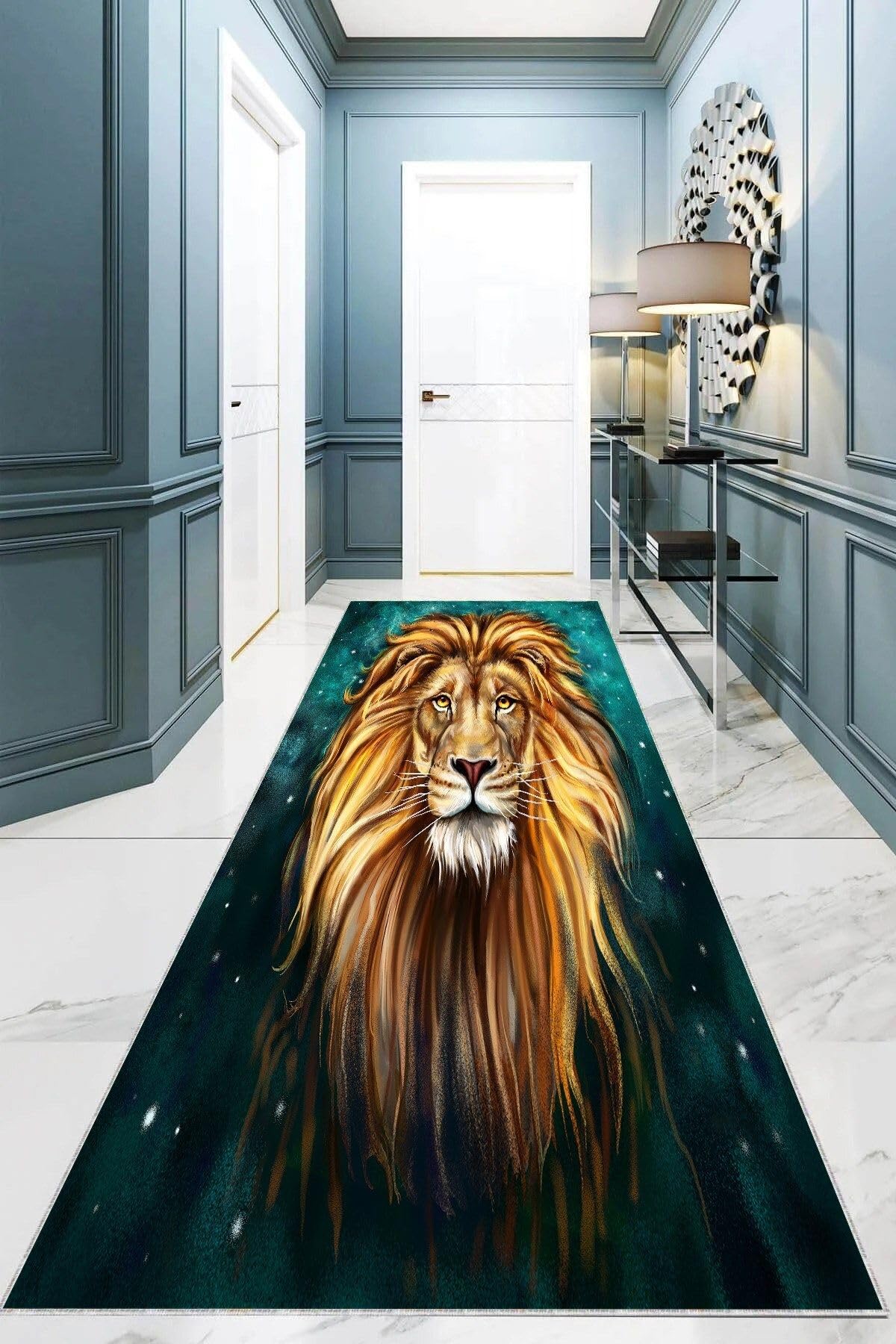 Pelangi Aslan Kafası Portre Aslan Burcu Dijital Baskı Yıkanabilir Modern Salon Halı ve Yolluk, Yeşil-Sarı 80 x 150, 95552980801507
