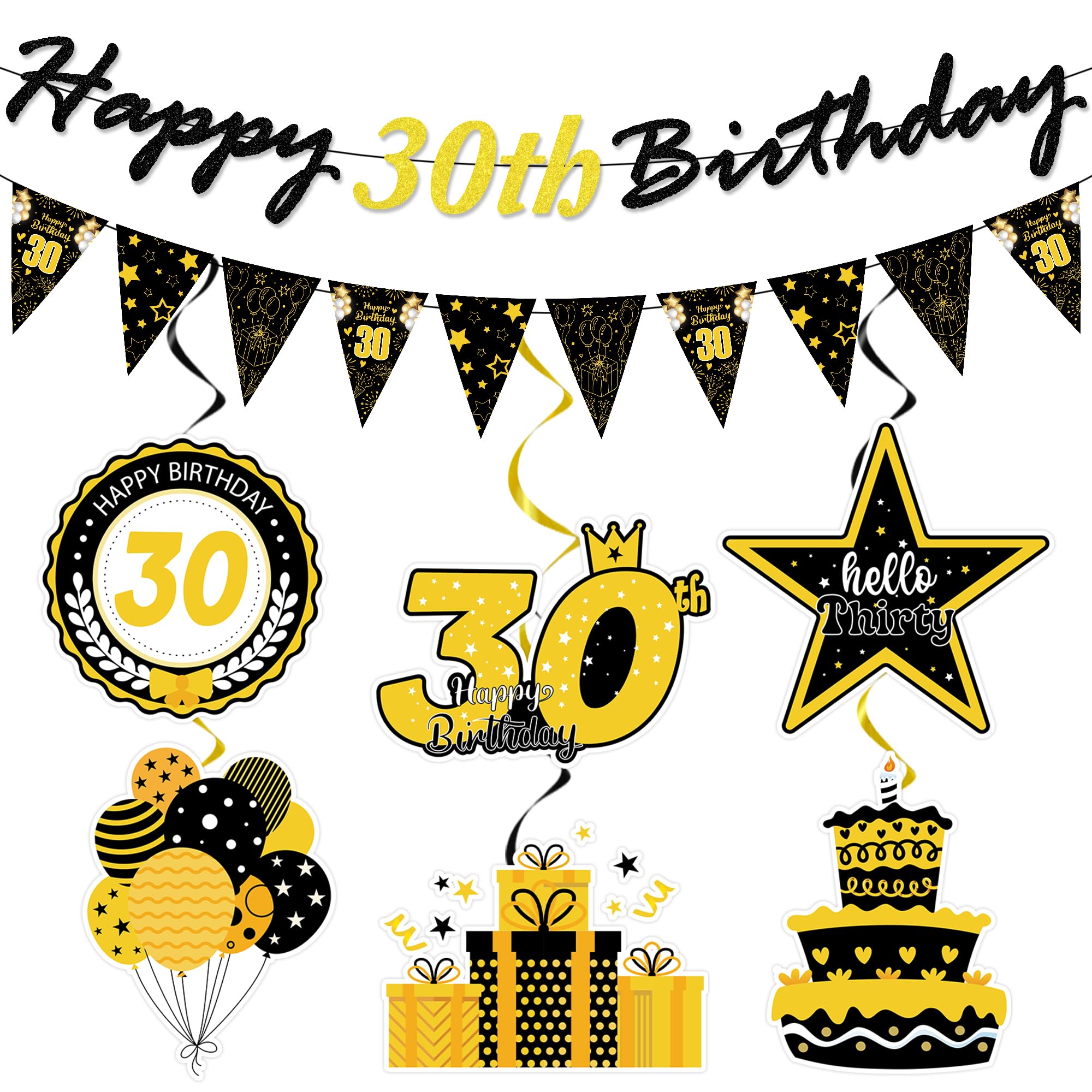 30th Birthday Decorations for Her Black Gold Party Supplies, Happy 30 Birthday Banner with Hanging Swirls, Elegant Decorations for Women Girls 30th Birthday Party