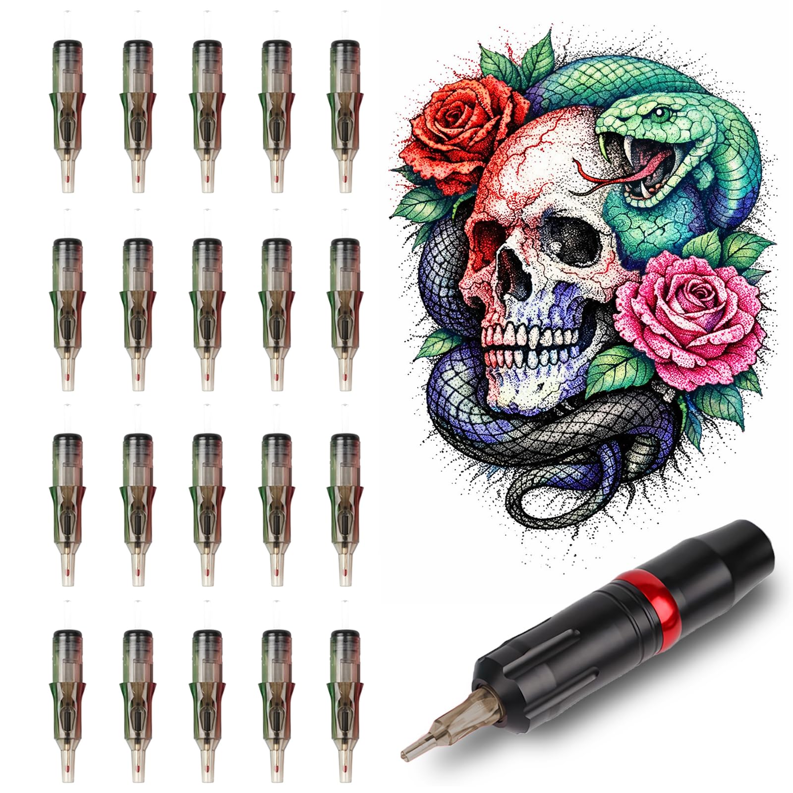 GBK 20pcs Tattoo Ball Point Pen Cartridges, Ballpoint Pen Tattoo Cartridge with Strong Spring & Wax Seal, Tattoo Practice Pen for Paper Drawing, Dot Work, Beginners & Artists (Black)