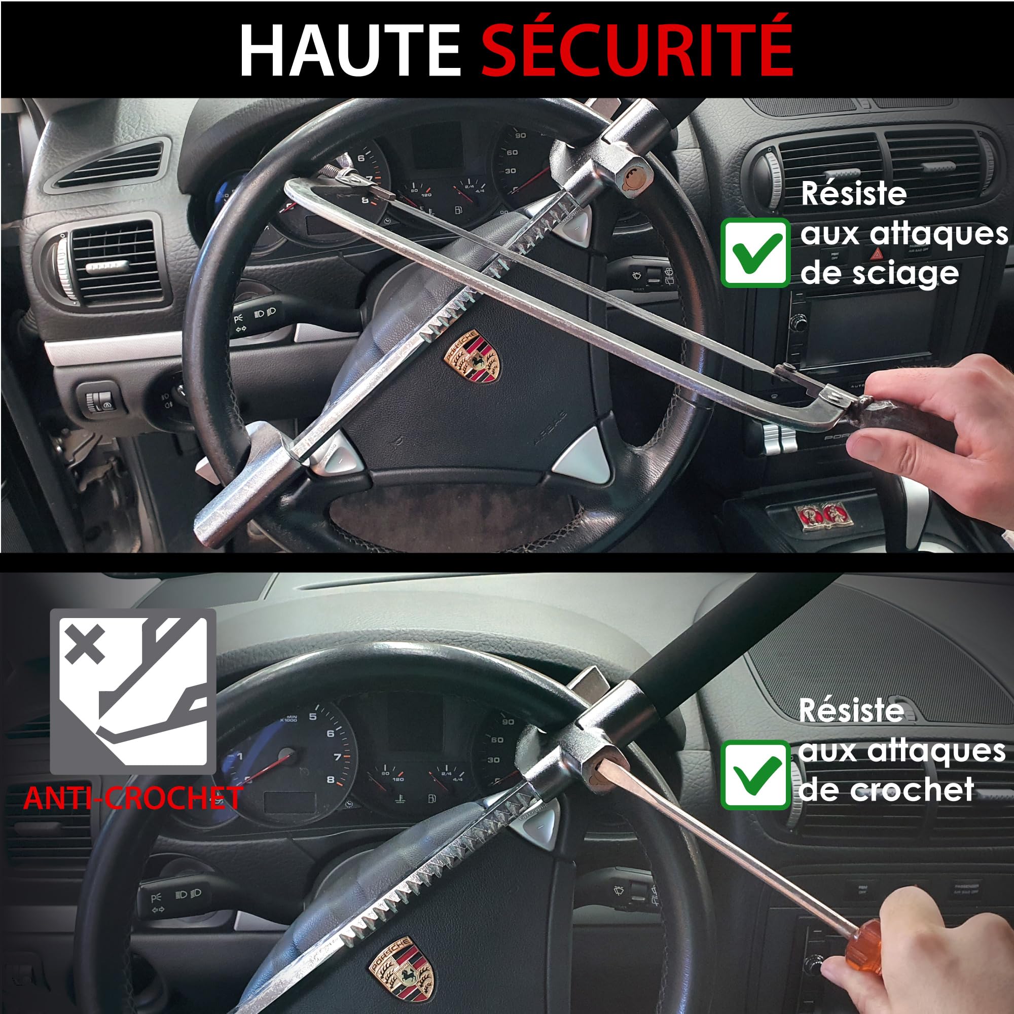 KRASER WA839B Antivol Voiture, Haute Sécurité, Canne Antivol Voiture Renforcée, Bloque Volant Trés Visible et Dissuasif, Barre Plus Réglable, Marteau Secours, Bloc Anti Vol Universel Auto Camping-Car