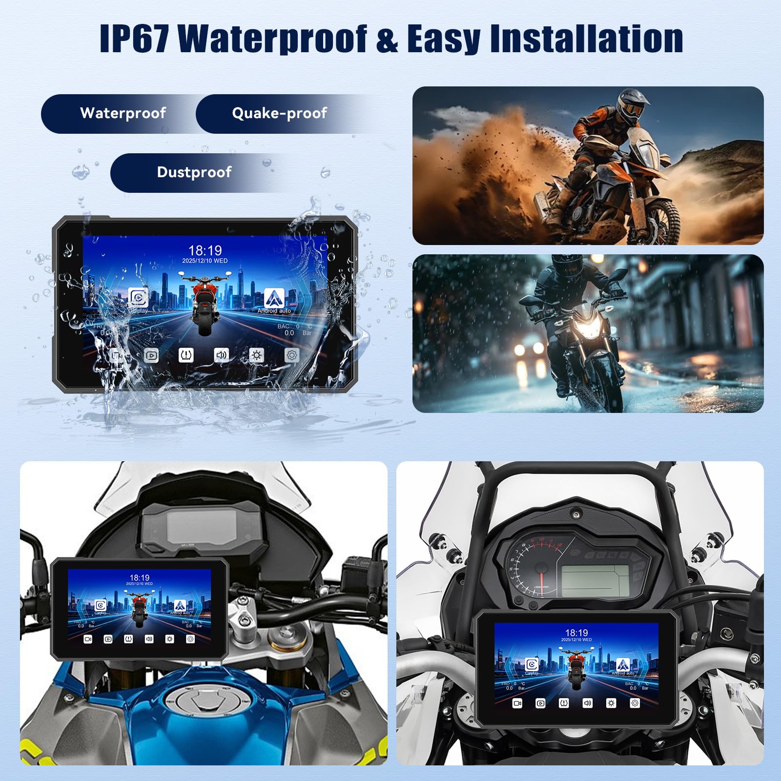 Carplay Moto 5 Pulgadas para Carplay Android Auto, Dashcam Delantera y Trasera para Coche, GPS Dashcam Moto con App, Navegación GPS, Siri, G-oogle Assistant, Bluetooth, Resistente al Agua
