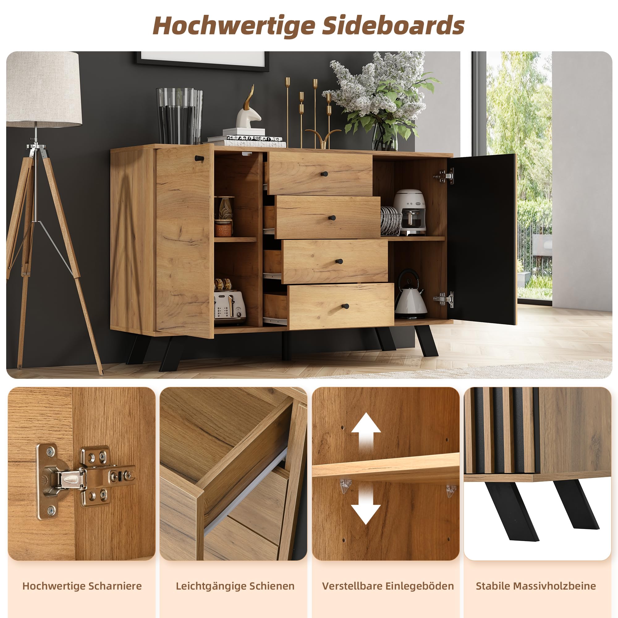 Sideboard Wohnzimmer, Buffetschrank, 120×38×75cm, Holzfarbe
