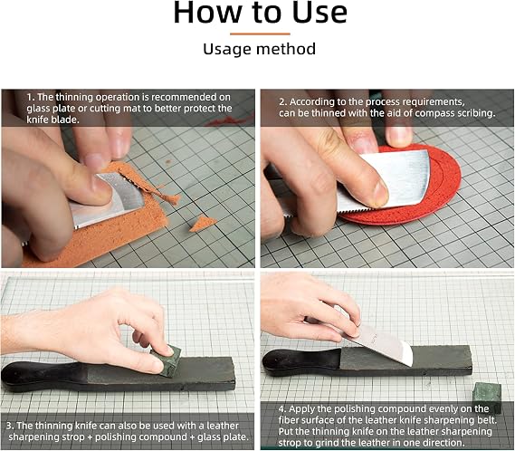 WUTA Leather Skiving Knife Stainless Steel Leather Thinning Knife Professional Design DIY Craft Cutting Sharp Leathercraft Cutting (Round/Flat/Slanted Blade & Right/Left Handed)