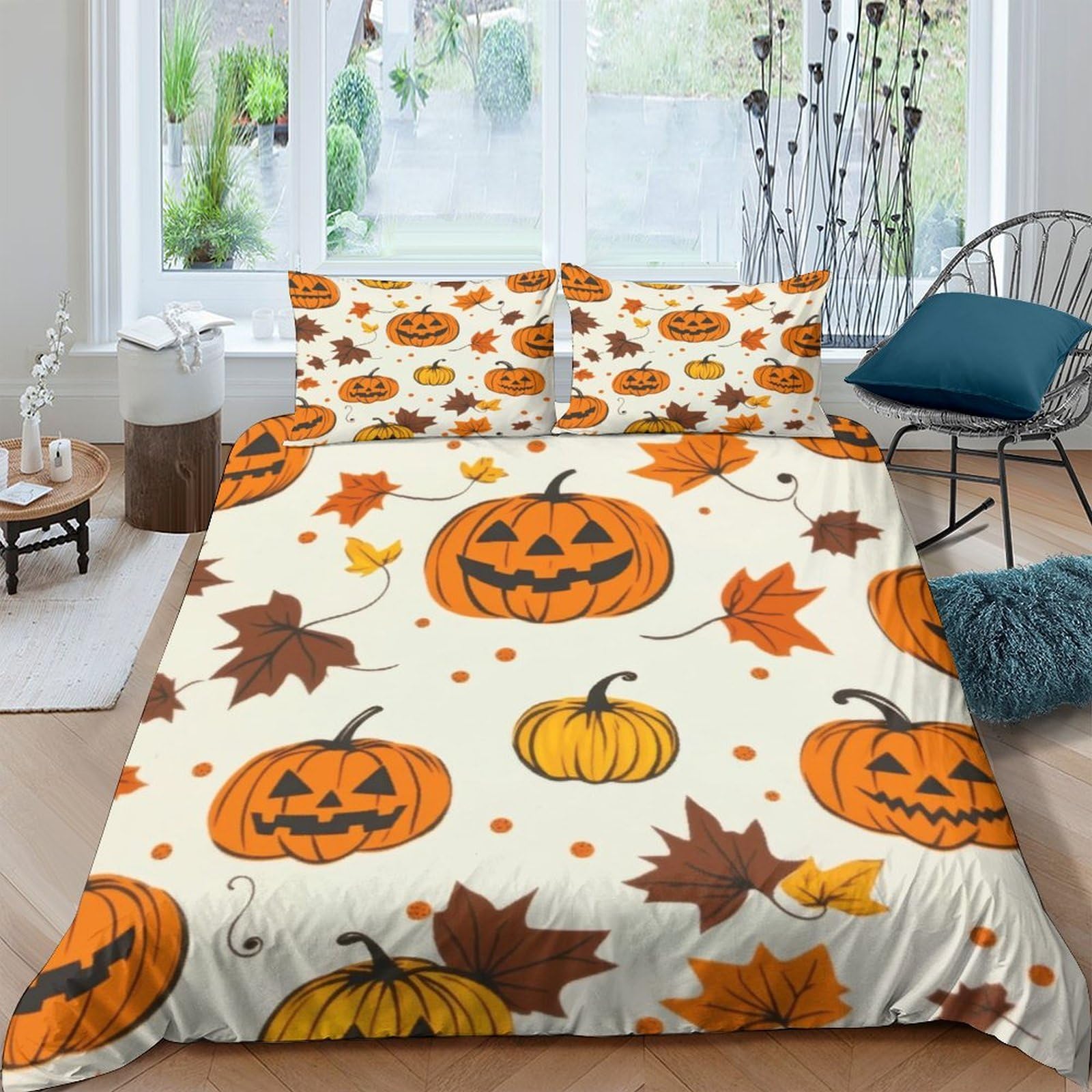 Ctjqhvkz Style-10 3D Printed Pumpkin Halloween Fitted Sheet Microfiber Soft Autumn Leaves Bed Cover For Bedroom Guest Room Decor Single（135X200cm）
