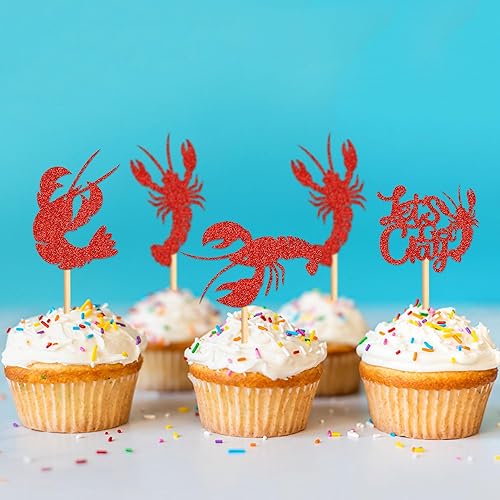 Miniatura 6 de Ercadio Paquete de 24 adornos para magdalenas de cangrejo de cangrejo rojo con purpurina roja para magdalenas de langosta del océano, fiesta