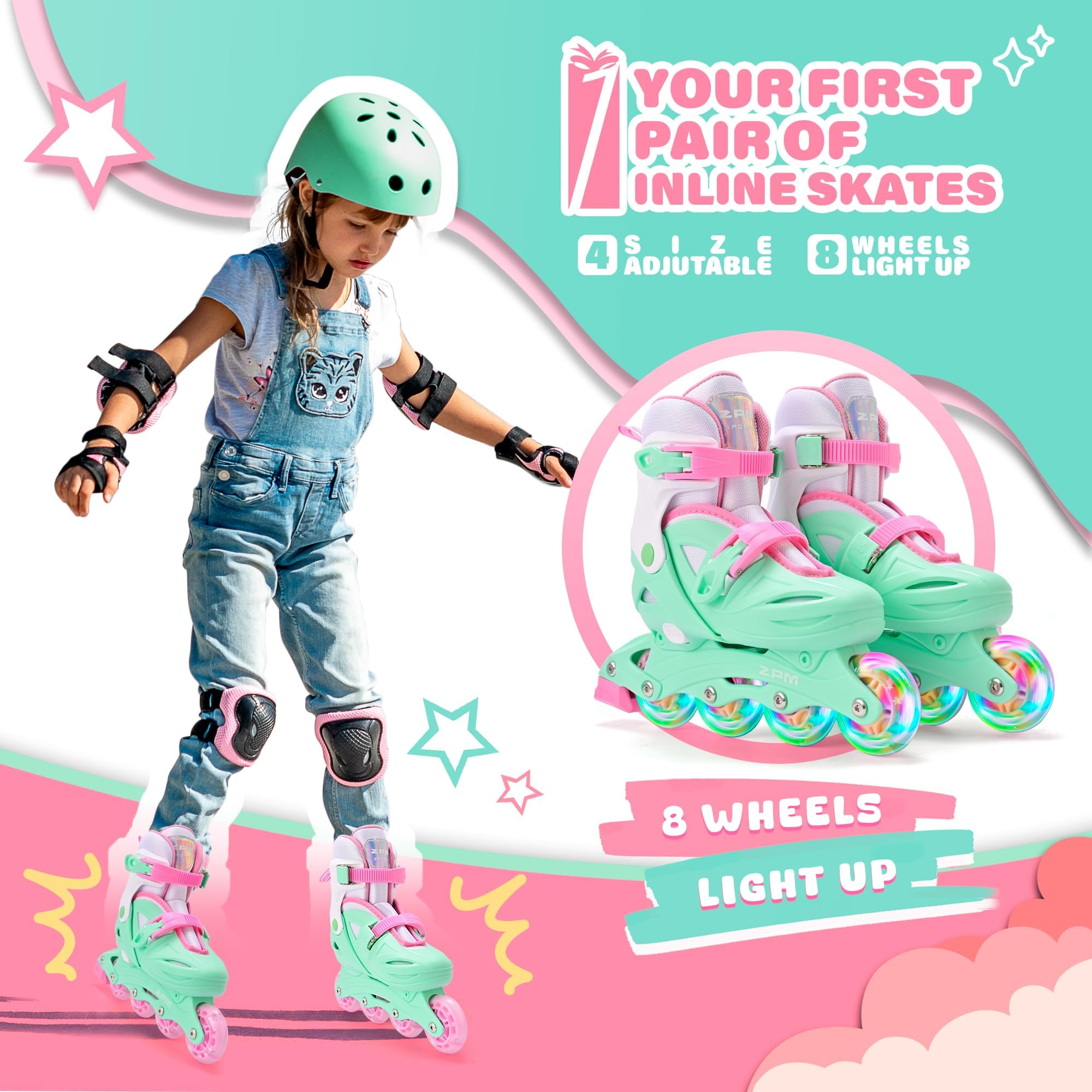 2PM SPORTS Roller en Ligne Réglables pour Enfants Filles et Garçons | Roller en ligne pour femmes, hommes et débutants âgés de 5 à 12 ans ; taille réglable ; pointures 28–31, 32–36, 37–40.