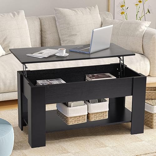 BLKMTY Mesa auxiliar con mesa elevadora, mesa auxiliar multifunción con compartimento oculto y estante de almacenamiento, mesa de centro de madera