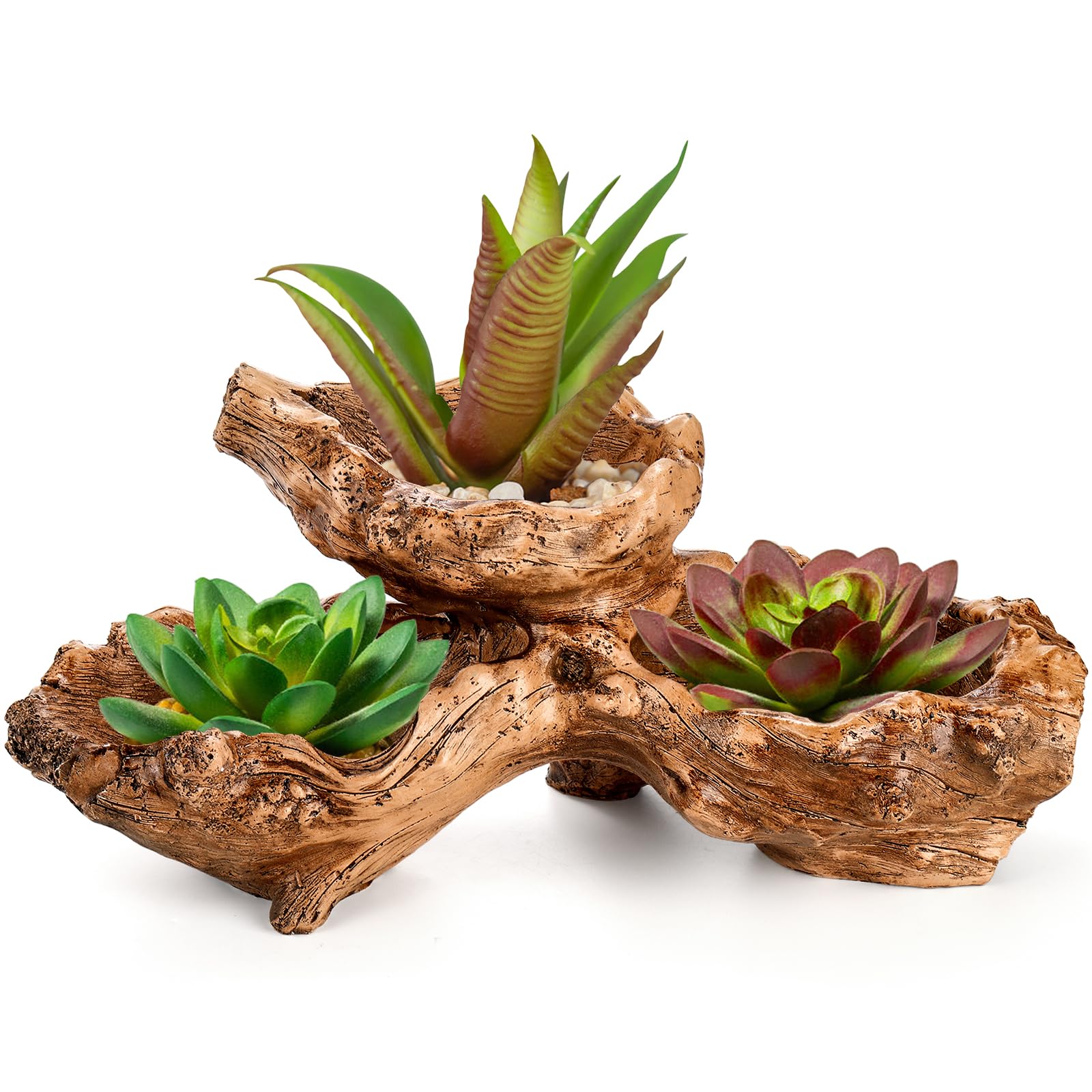 Noamus Artificial Driftwood Planter, Sculpture Resin Succulent Flower Pot, Imitation Wood Pile Porous Bonsai Tree Plant Pot, Multilayer Decorative Rustic Stump Cactus Container for Garden Indoor