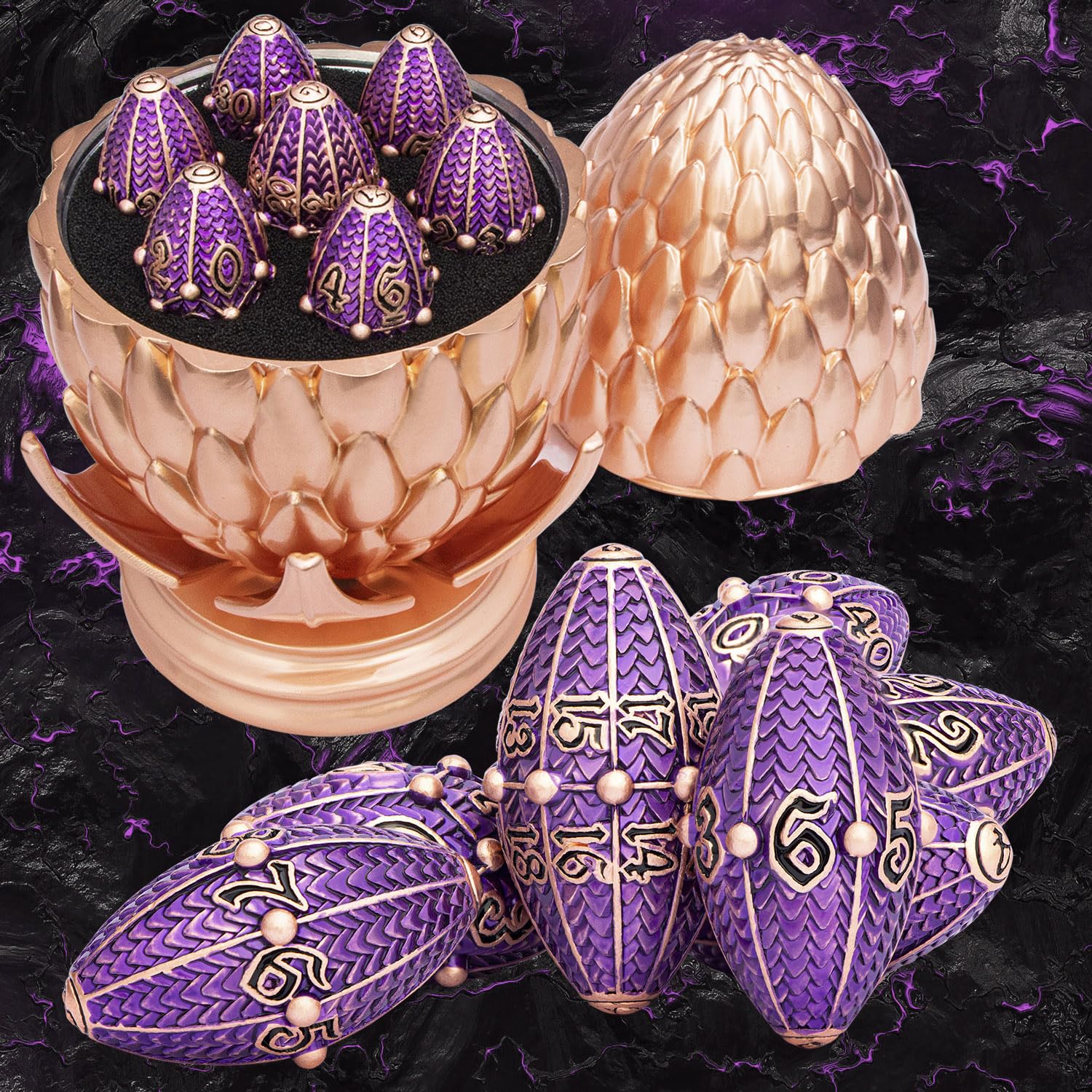 ARUOHHA DND Metal Dragons Dice Copper Purple Dragon Egg Dice with Rotating Dragon Egg Shell, Role Playing Game RPG Polyhedral Dungeons D and D Dice Set D20 D12 D10 D8 D6 D4