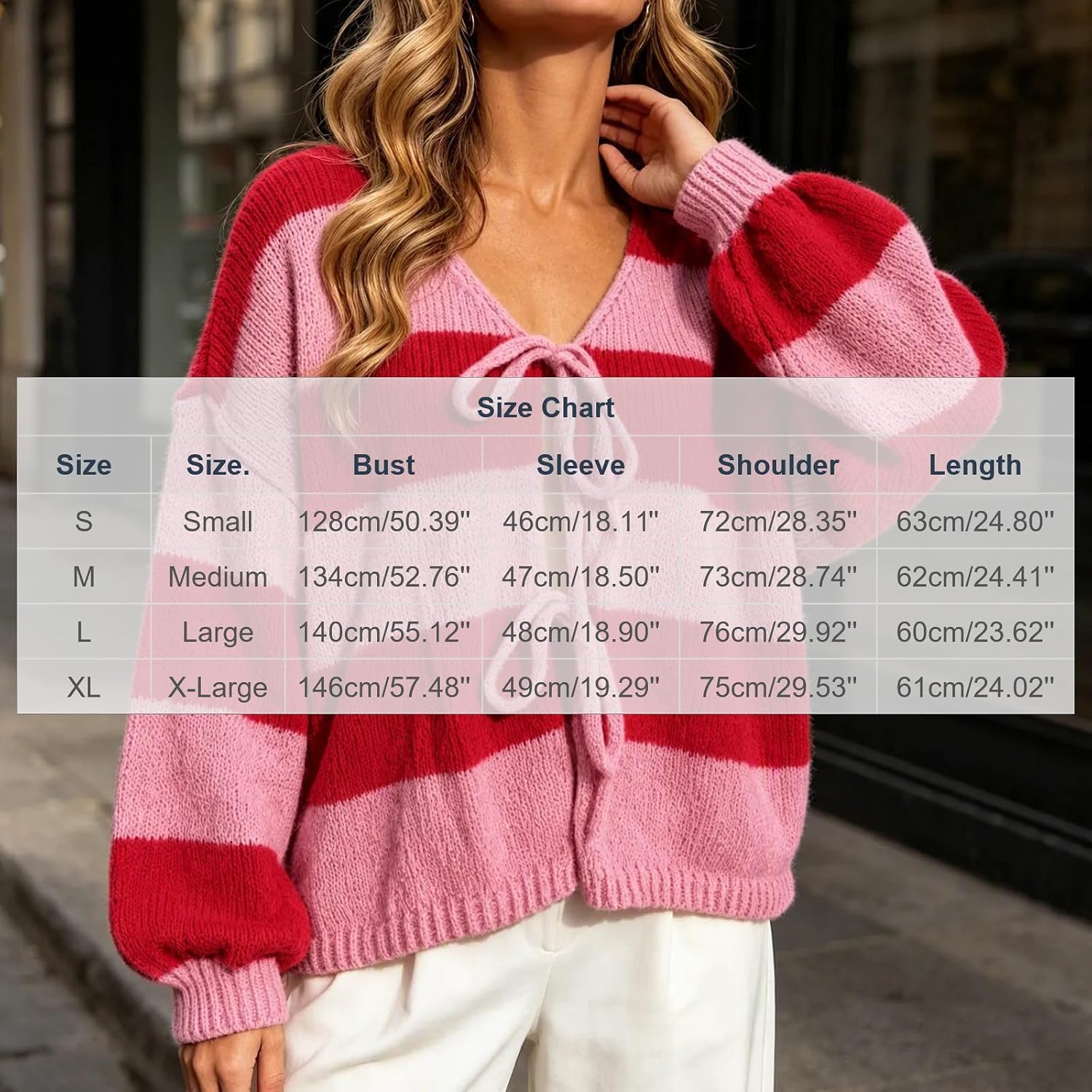 Women's Striped Cardigan Tie Front V Neck Casual Short Knit Sweater