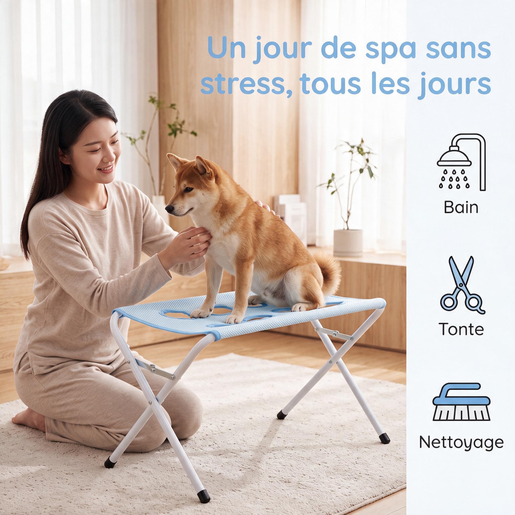 Table de Toilettage pour Chien et Chat, Table de Soin Pliable avec Tissu en Maille Respirant, 8 Ouvertures pour Les Pattes, Structure en Acier,pour Petits Animaux(Bleu)