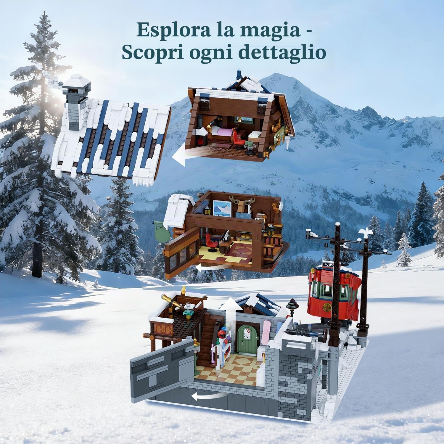 PANTASY Summit Cabin - Set da costruzione per adulti, rifugio di montagna ricco di dettagli con effetto legno e elementi invernali, giocattolo creativo per gli appassionati di modelli paesaggistici e | Capanna da montagna a 3 piani con funiaria vintage, g