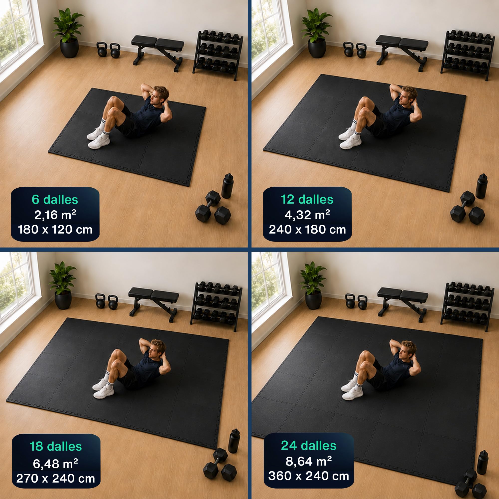 Hulser Tapis puzzle de fitness - 60 x 60 x 1,2 cm - Tapis de protection de sol pour salles de sport et maison - Pour appareils de fitness - d'entraînement