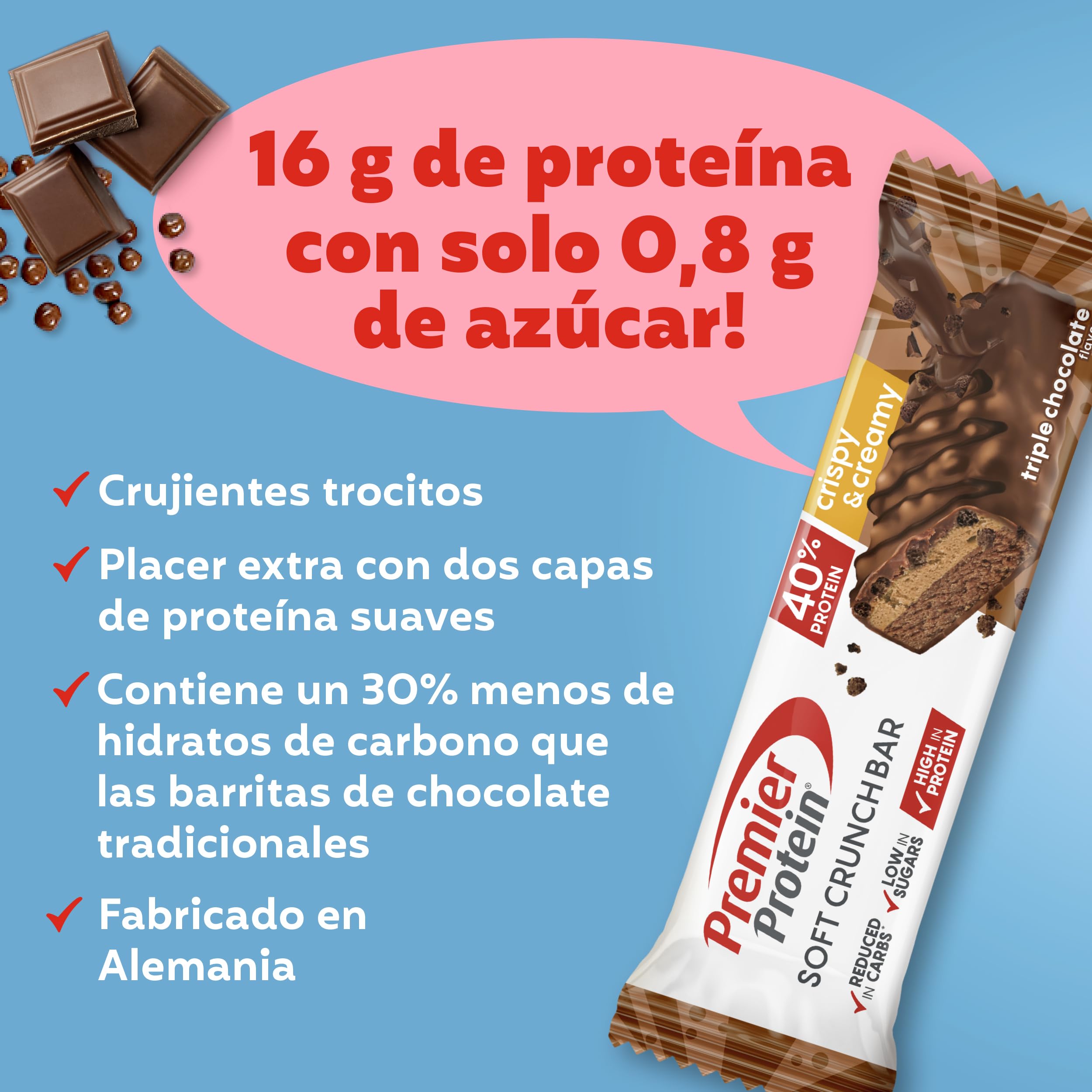 Premier Protein Soft Crunch Bar 40% Protein Triple Chocolate 12x40g - Hoher Proteingehalt + Low Sugar + Palmölfrei