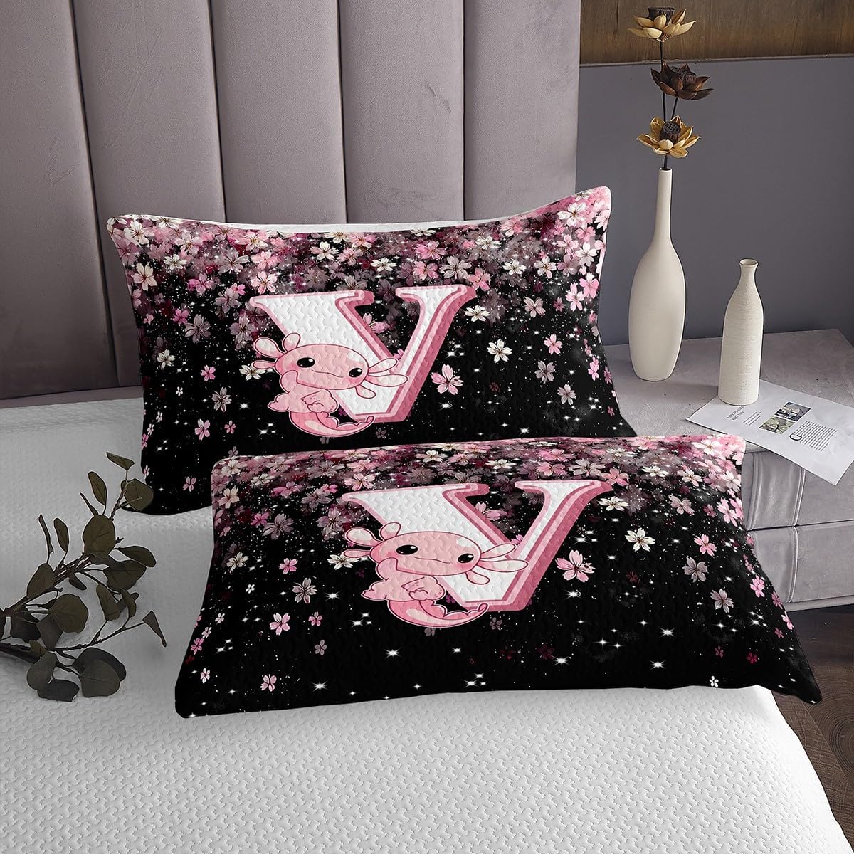 Erosebridal Pink Black Alphabet C Bedspread Sets King Size with Cute Axolotl Design - Japanese Cherry Blossom Coverlet Set Cute Axolotl Bed Set Initial Letter Bedding Set with Floral Design