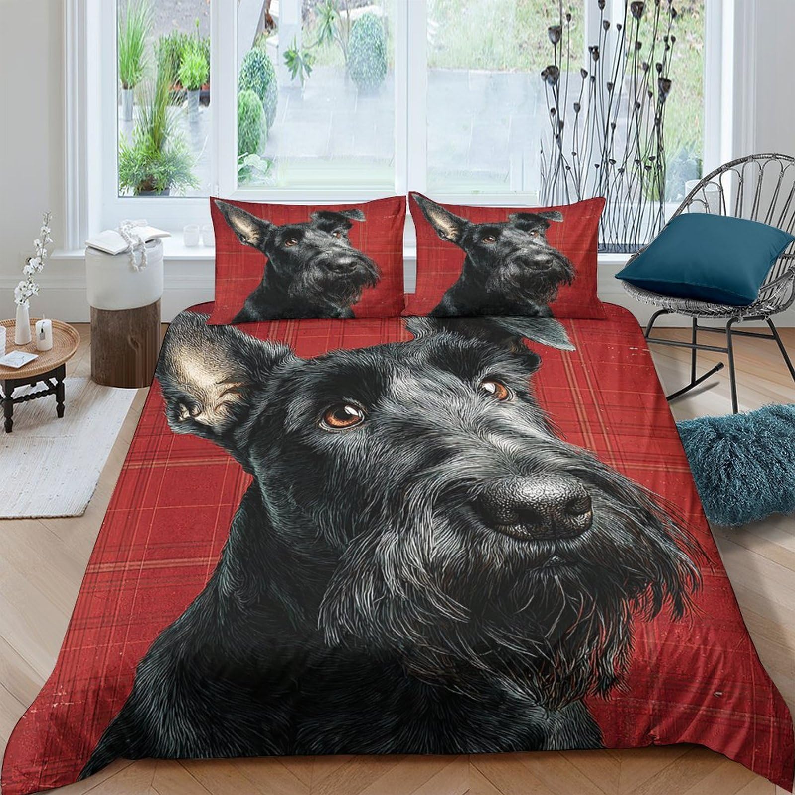 Ctjqhvkz Style-10 3D Printed Black Scottish Terrier Fitted Sheet Microfiber Red Plaid Dog Mattress Cover For Bedroom Dorm Decor Single（135X200cm）