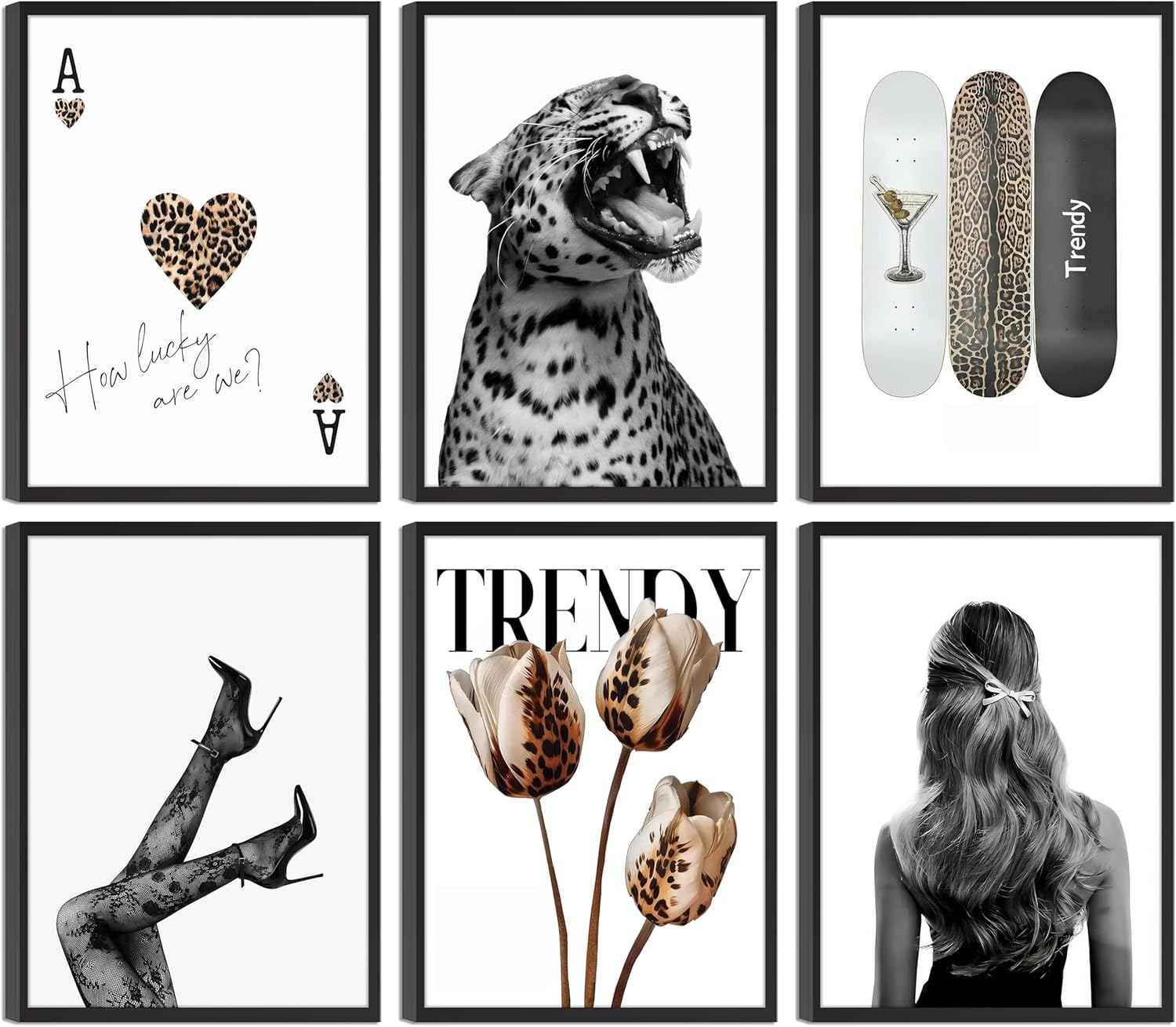 6Pcs Trendy Leopard Wall Art Funky Preppy Cheetah Paintings Pictures Wall Decor Stockholm Preppy Leopard Posters Print Artwork for Girls Bedroom Apartment Dorm Home Decoration Unframed