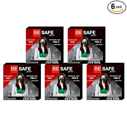 BE SAFE Forever Anti Pollution Face Mask with Activated Carbon- KN95 Filter, for Men/Women Pack of 6