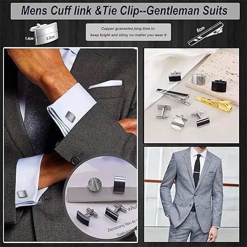 Miniatura 5 de SONNYX Juego de gemelos y pinzas de corbata para hombre, para corbata, clips de barra, camisas de negocios, esmoquin de boda, gemelos clásicos para