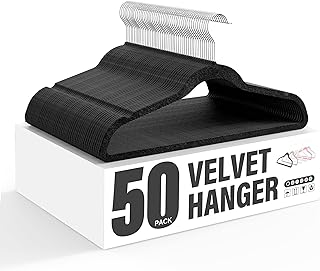 Simple Deluxe Paquete de 50 Perchas de Terciopelo, Perchas Antideslizantes con Muescas en los Hombros, Ganchos giratorios de 360°, Perchas Resistentes para Ahorrar Espacio en el Armario, Color Negro