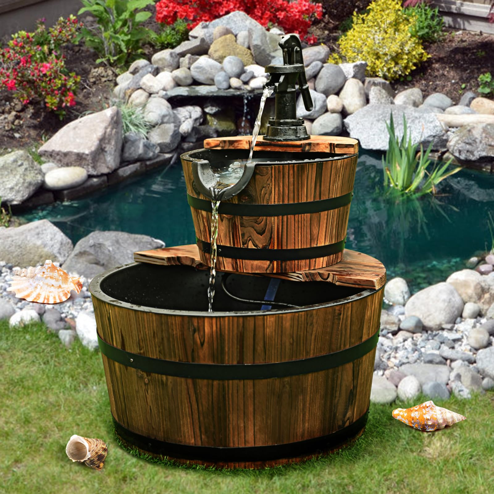 COSTWAY Fontana da Giardino 2 Piani con Pompa d'Acqua, Legno di Abete, Perfetto per Esterno, 61 x 44,5 x 44,5 cm