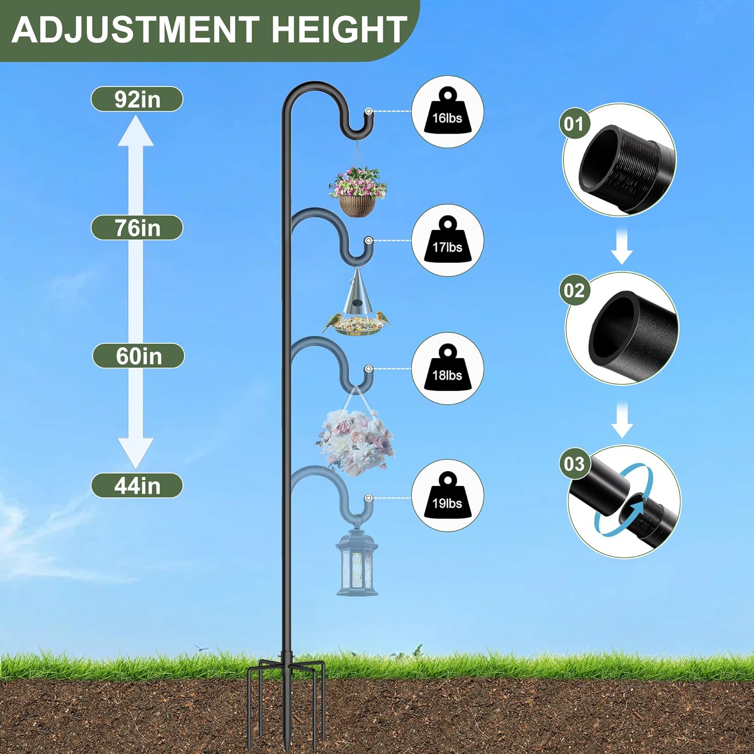 Shepards Hooks for Outdoor, 2PCS 60 Inch Bird Feeder Pole with 5 Prongs Plant Stand Adjustable Tall Heavy Duty for Hanging Plant Baskets, Solar Light, Wedding Decor, Lantern