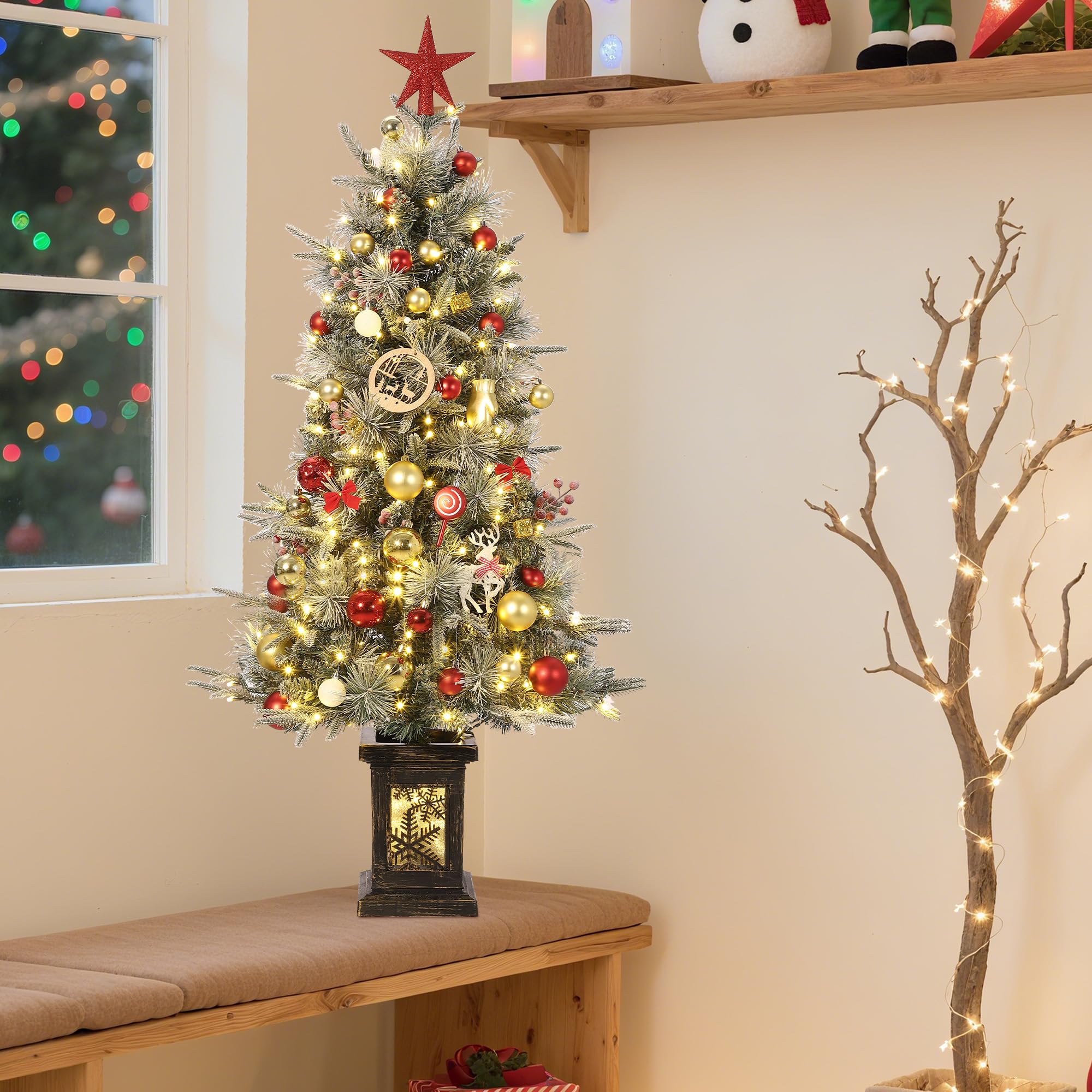 GarveeTech Schneebeflockter künstlicher Weihnachtsbaum 125 cm mit LED - 150 LEDs warmweiß/Mehrfarbig, 9 Modi, PVC-Zweige - EU-Stecker, Schneeflocken-Lichtbasis - 4ftH Frost Tree, Dual Color 8 Modes,