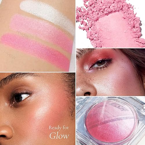 Miniatura 2 de KYDA Rubor horneado rosa, polvo de brillo rosa para rubor e iluminador, acabado de alto brillo, rubor ligero mezclable, polvo horneado multiuso,