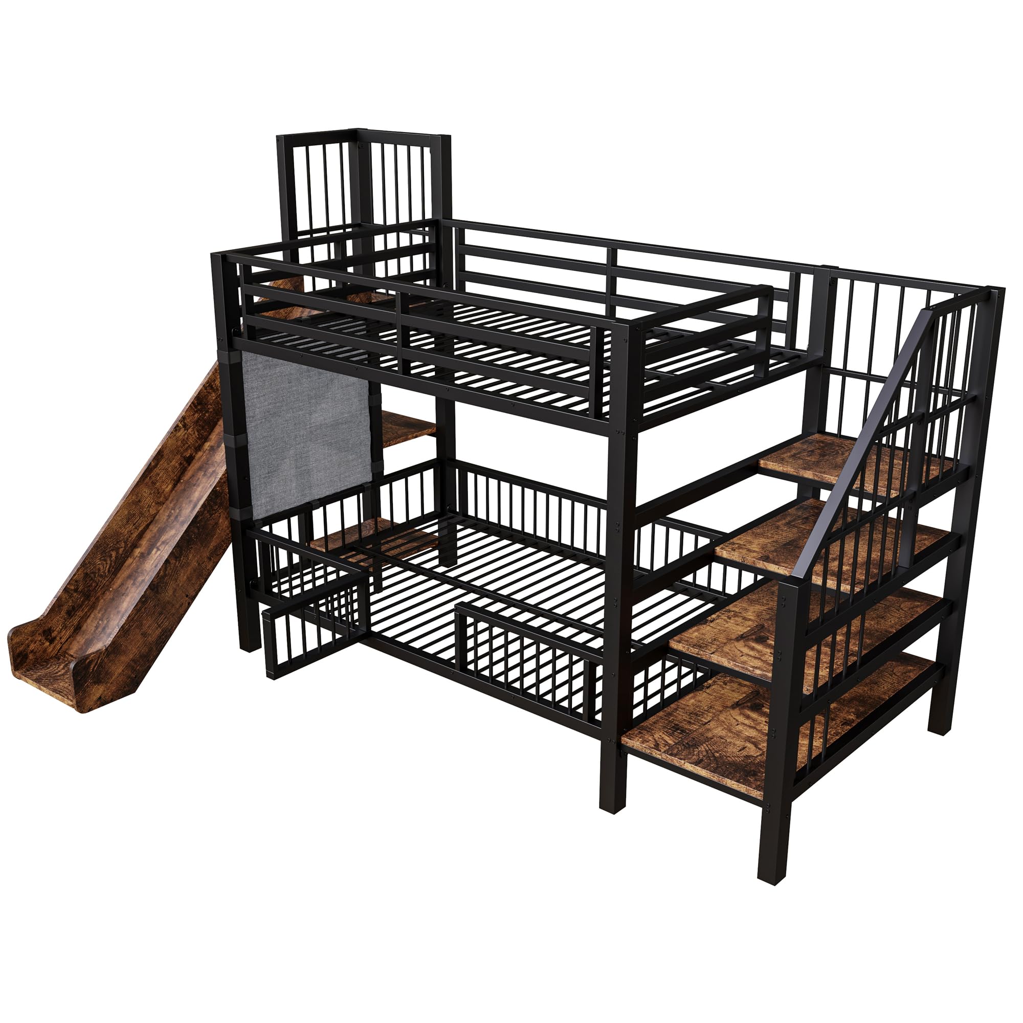 Merax Metall-Etagenbett 90×200 cm, mit Rutsche, Stauraumtreppe, Schutzgitter, integrierten Regalen, platzsparendes Kinderbett, Etagenbett für Jungen & Mädchen, Schwarz (ohne Matratze)
