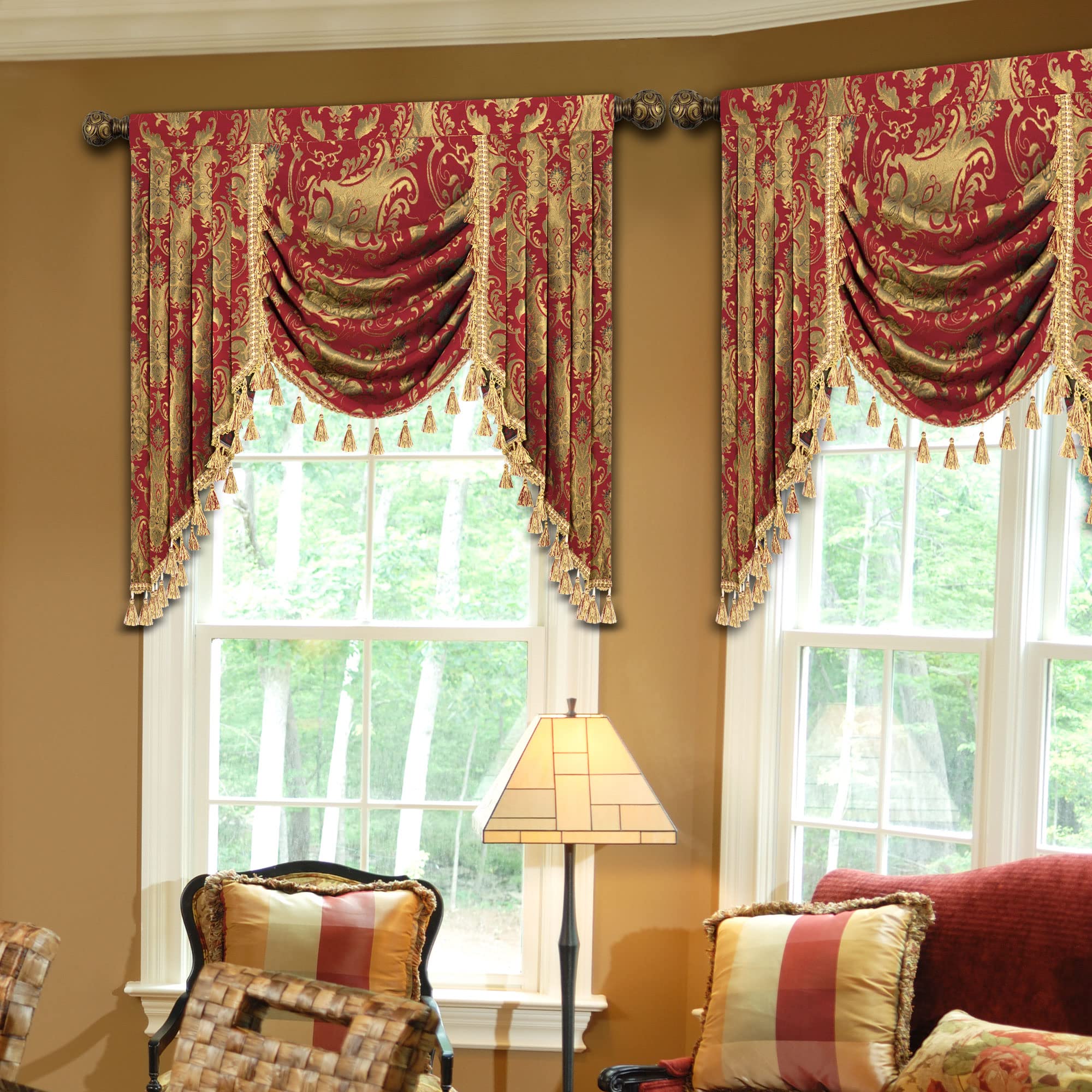TOPLUXE Swag Valance For Windows, Damask Waterfall Valance With Tassels