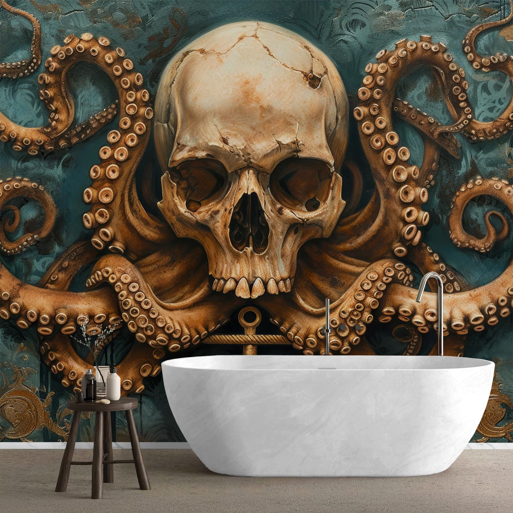 Fototapete Totenkopf Schlafzimmer, 3D Tapete Gothic Oktopus, Vliestapete Grün Braun, Tapeten Wohnzimmer Muster, Nautisch Anker Wand Deko Kinderzimmer, Wandtapete, Mustertapete Vlies 416x254 cm