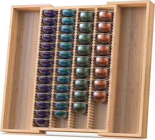 WELL WENG Organizador de bambú expandible para inserto de cajón de mostrador, compatible con cápsulas Nespresso Vertuo, almacenamiento de bolsas de
