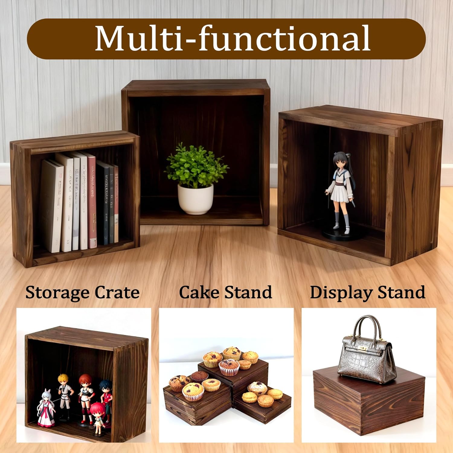 6-Pack Wood Risers Display Stands, Multi-Height Food Risers for Buffet Table, Rustic Wooden Cake & Cupcake Stands for Party, Birthday, Wedding, Halloween Decor