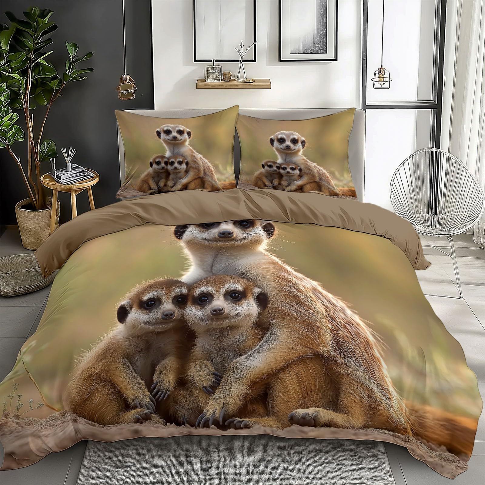 3D Duvet Cover Queen Size for Kids Teen Animal Mongoose Bedding Sets with 2 Pillowcase, Print Comforter Cover Teen Boys Girls Bedroom Decor Bed Cover 3 Piece