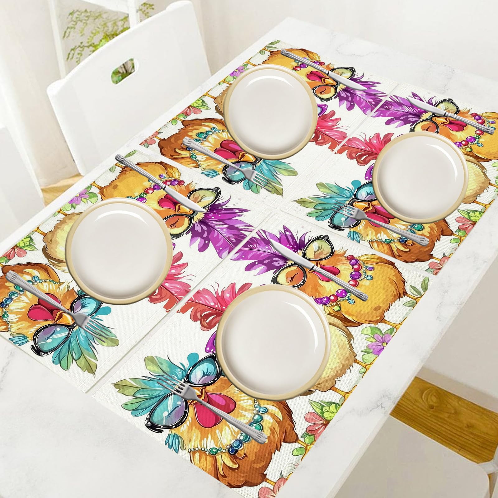 Tovaglietta Americana Fumetto in Cotone Lino Rettangolare - Tovagliette Set di 8 Tre polli Resistente al Calore per La Cucina, Il L'Ufficio, 30 x 45cm