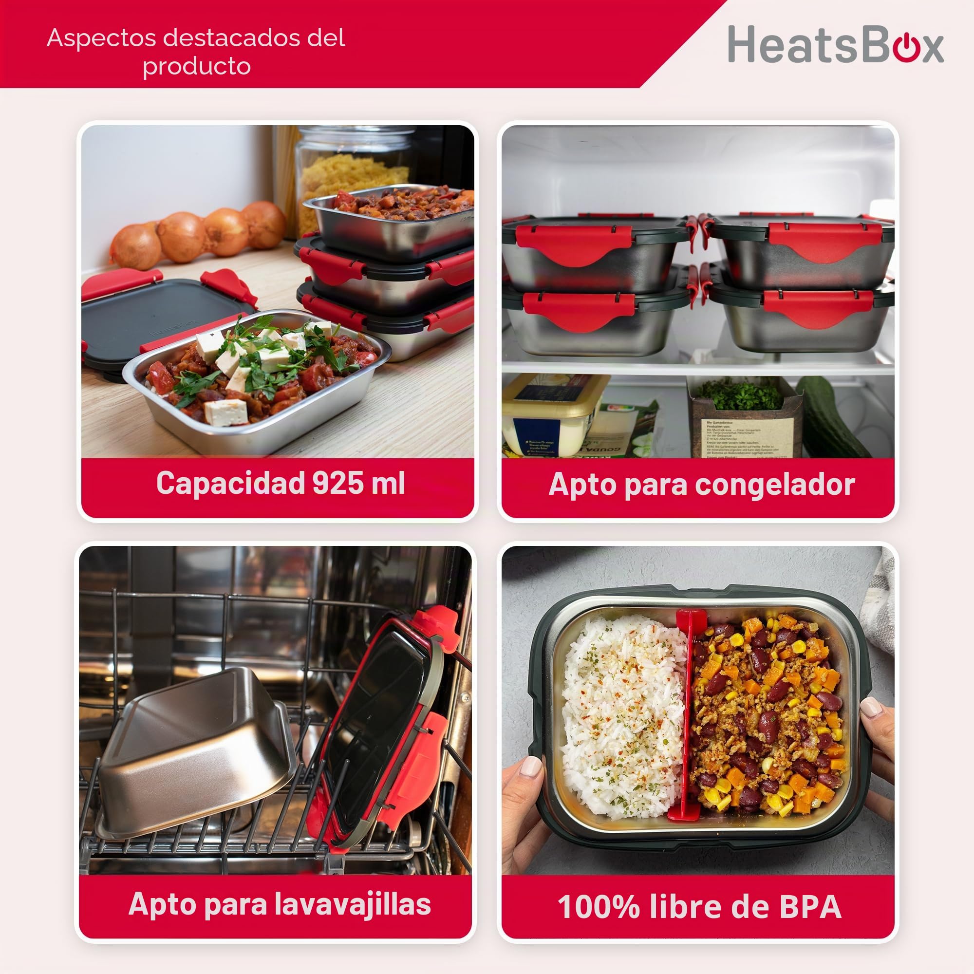 Faitron Juego de platos interiores- Cuencos de acero inoxidable a Prueba de Fugas con Separador (925 ml) y Tapa de Transporte, Temperatura Estable Hasta 200 °C, Compatible con HeatsBox Style y Style+