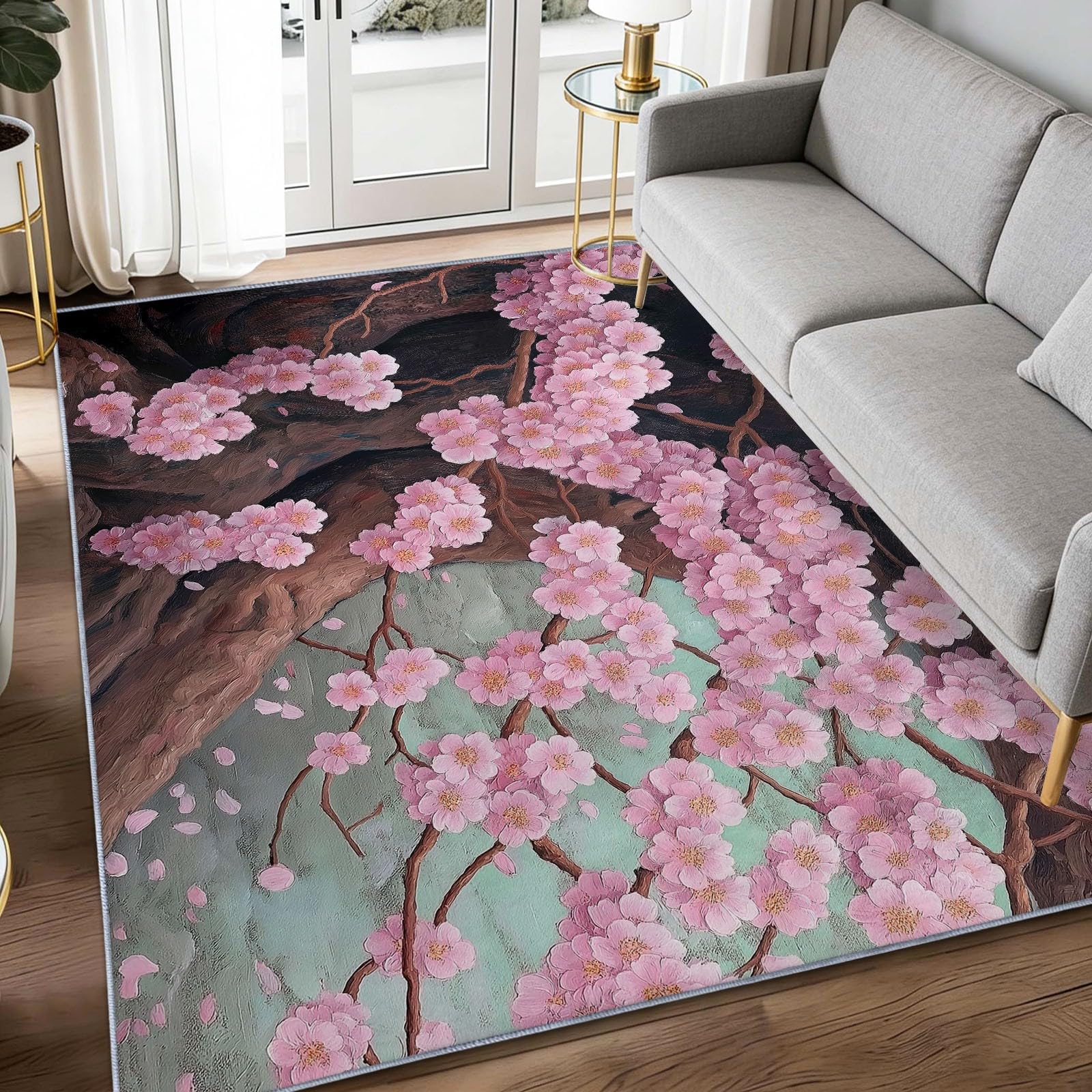 120 x 180 cm Dywan można prać w pralce Eleganckie gałązki rośliny wiśnia kwiat kwiatowy, antypoślizgowy, ultramiękki antypoślizgowy dywanik flanelowy do pokoju dziecięcego, salonu i łazienki - łatwy