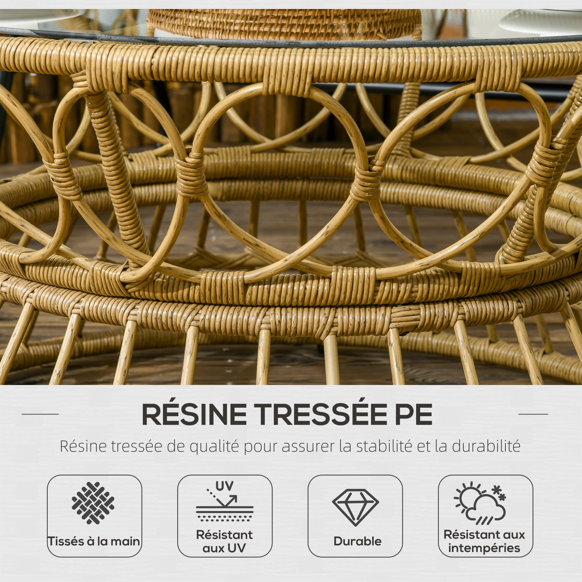 Outsunny Salon de Jardin 4 pièces en résine tressée canapé 2 Places + 2 fauteuils + 1 Table Basse Plateau Verre trempé 7 Coussins - Structure en Acier - Sable et crème