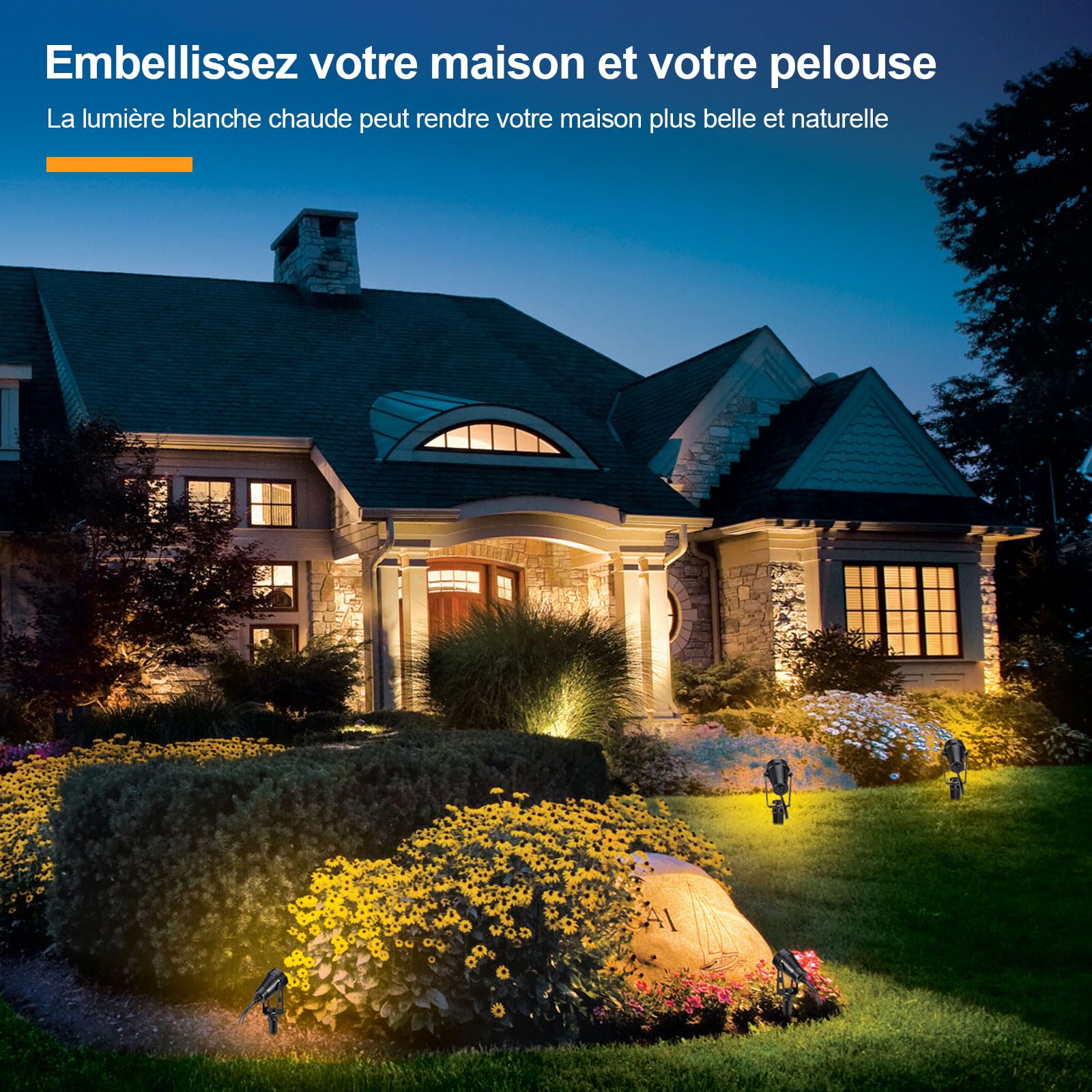ECOWHO 4 PACK Lampes de Paysage Basse Tension, 12W 15M Câble Spot Extérieur avec Transformateur 12V, IP65 Spot Étanche à Brancher 2700K Blanc Chaud pour Plantes, Pelouse, Arbres