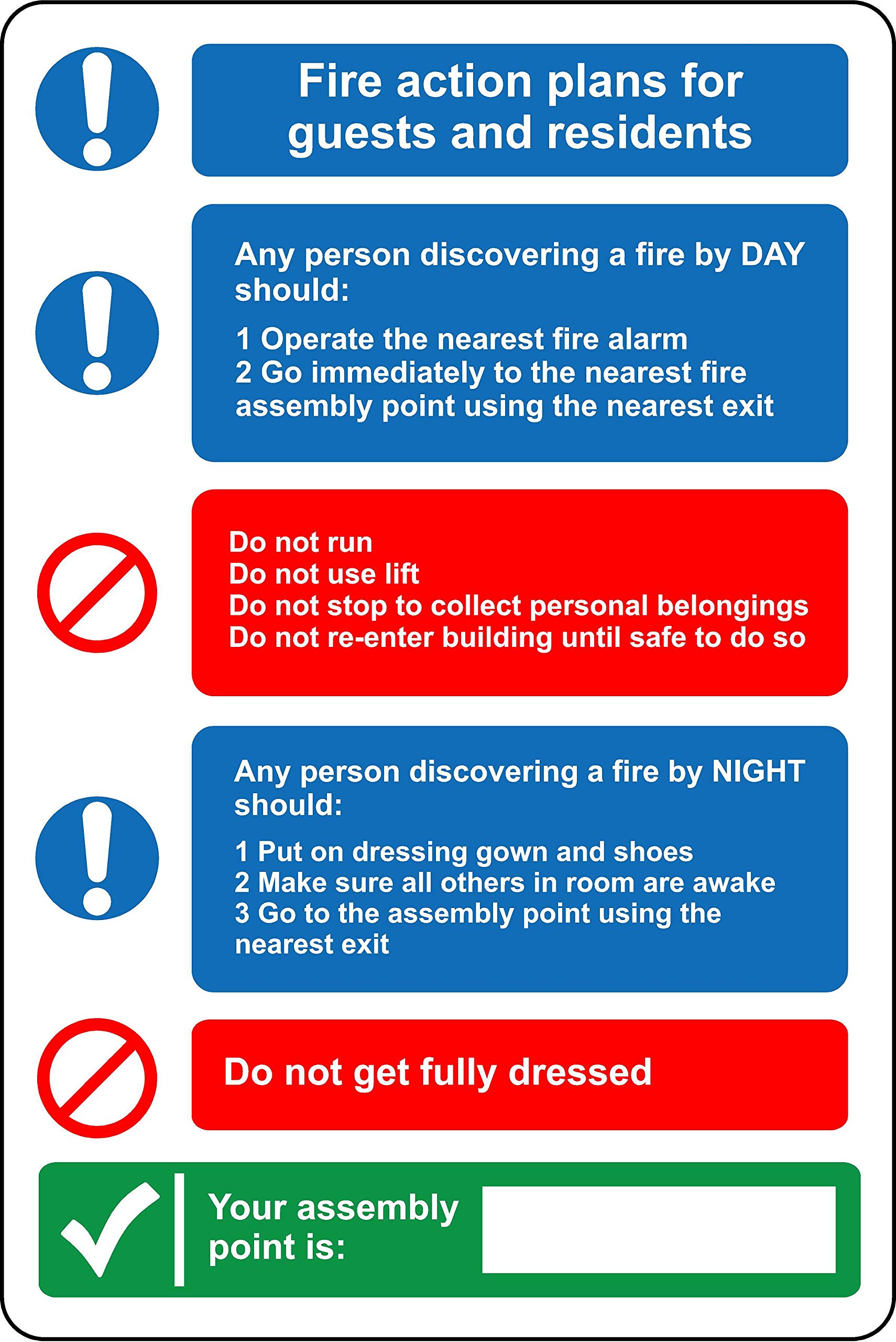 Fire Instructions For Guests and Residents Fire action Safety sign - Self adhesive sticker 300mm x 200mm