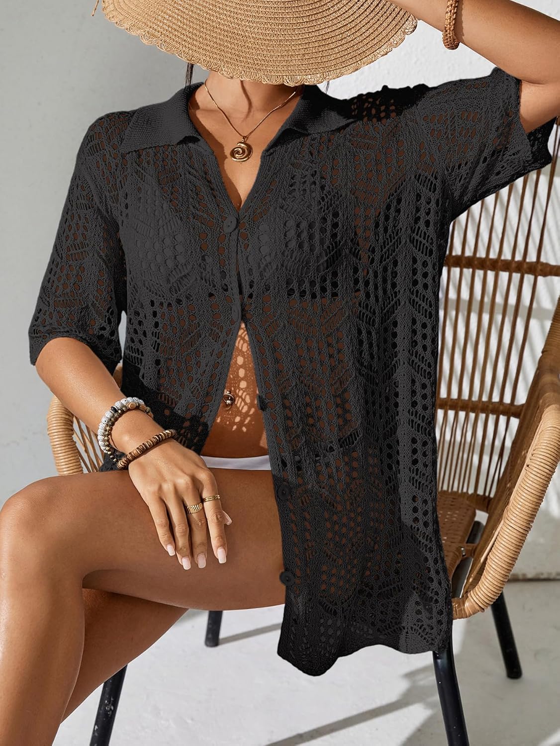 Womens Crochet Knit Polo Collar Swimsuit Coverup Cardigan Summer 2025 Beach Bathing Suit Cover Up Shirt Dress - Image 7