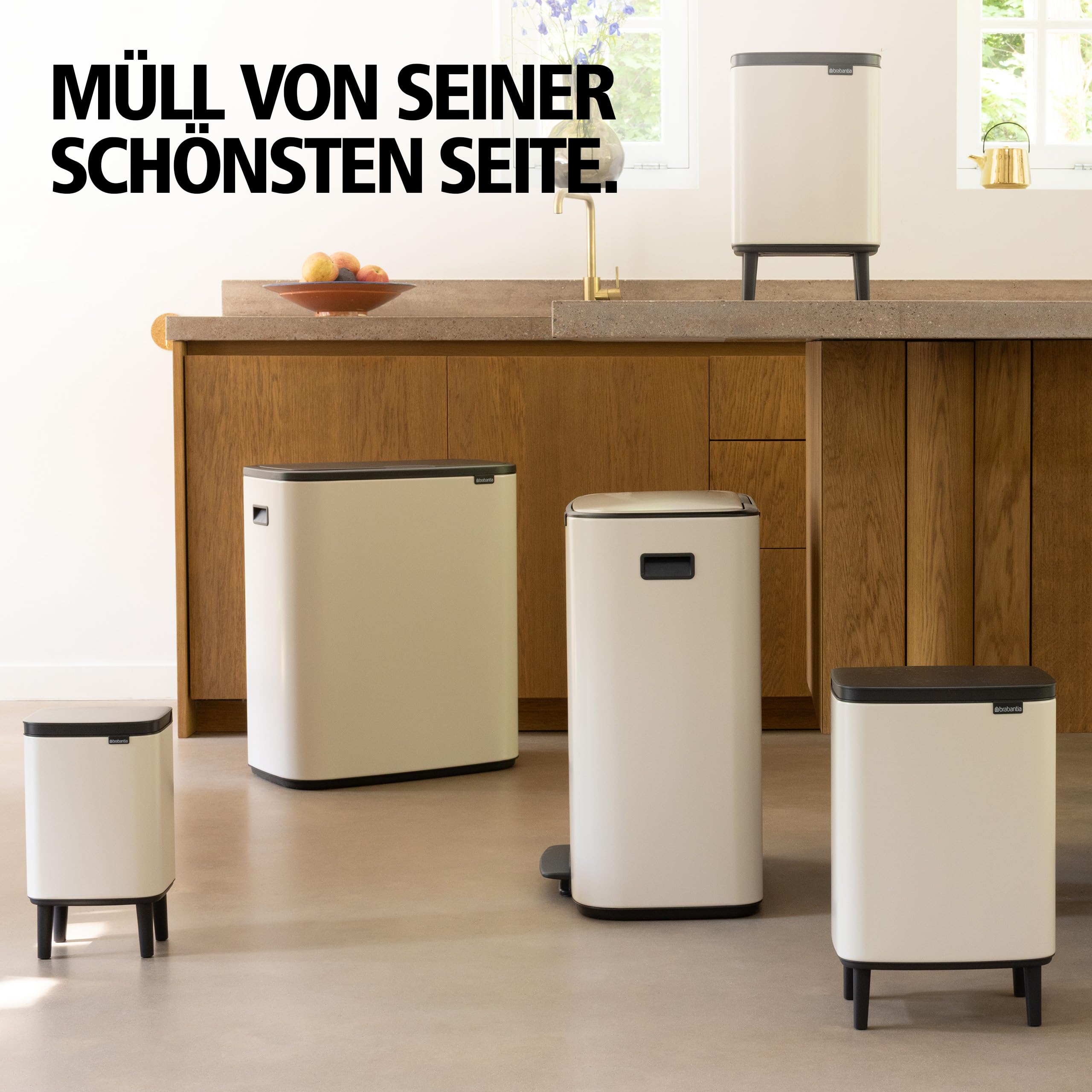 Brabantia Bo Hi Abfalleimer 12 l mit Soft-Close-Deckel, Abfallsammler mit herausnehmbarem Inneneimer und Tragegriff – Ideal als Mülleimer fürs Bad, Schlafzimmer und Büro – Soft Beige