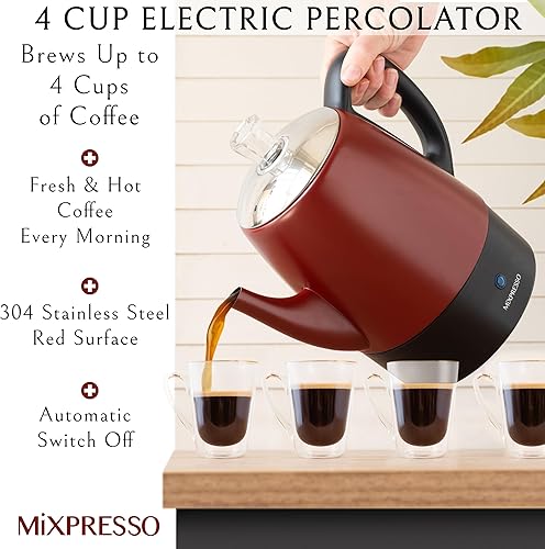 Miniatura 4 de Mixpresso Cafetera eléctrica roja pequeña percoladora de 4 tazas, cafetera de acero inoxidable, Percolador de café eléctrico con función de mantener