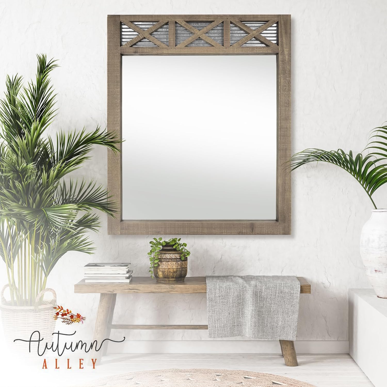 Autumn Alley Farmhouse Bathroom Mirror - Rustic Mirror - Vanity, Bathroom and Bedroom Mirror Wall- Country Farmhouse Decor, Mirror Barn Door Wood, Galvanized Metal, Large Size: 28" x 34", Brown