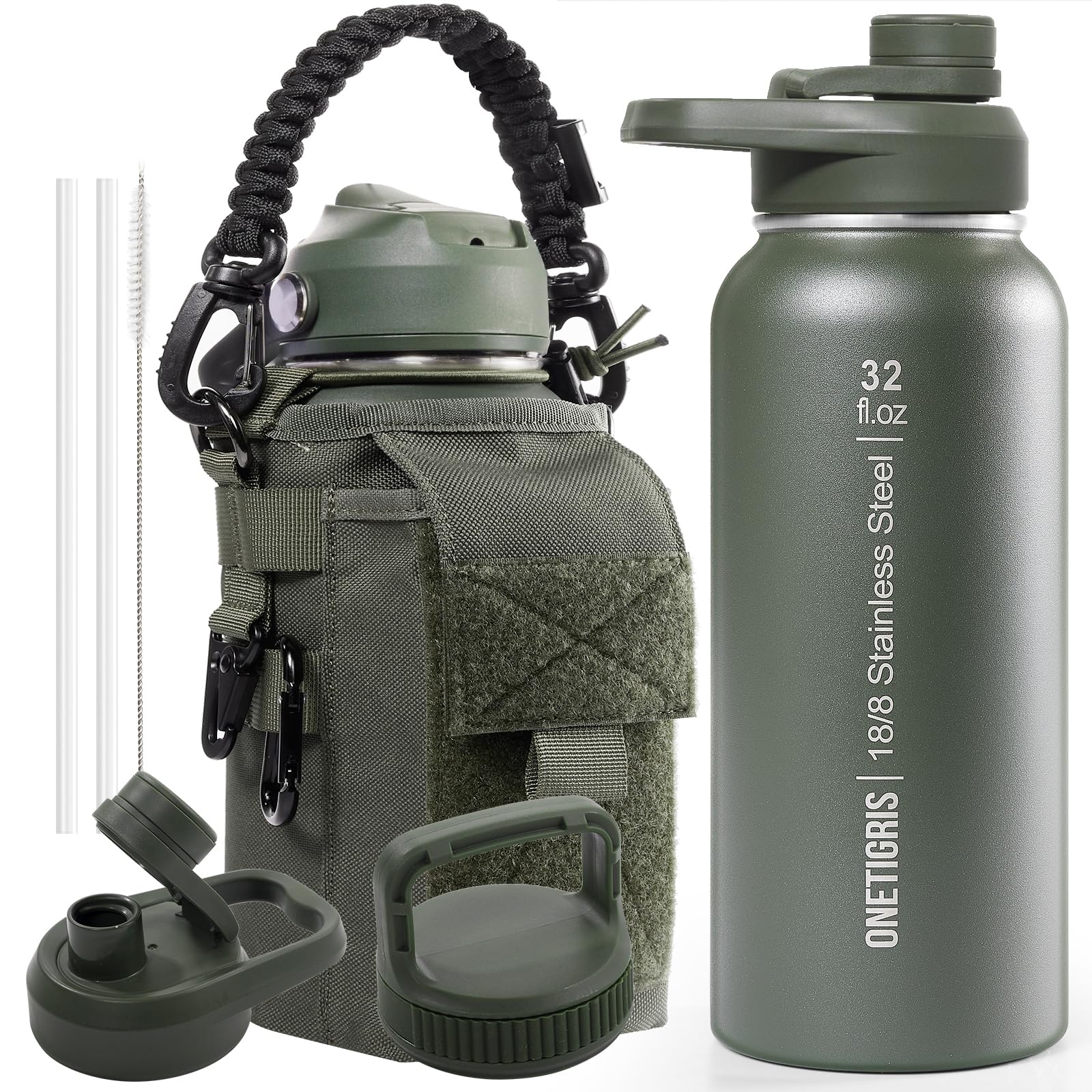 OneTigris Gourde Sport, 0.9l Gourde en Acier Inoxydable avec un Bon Effet d'Isolation, Idéal pour Vélo, Camping, Yoga, Gym, Airsoft,32oz（Vert OD)