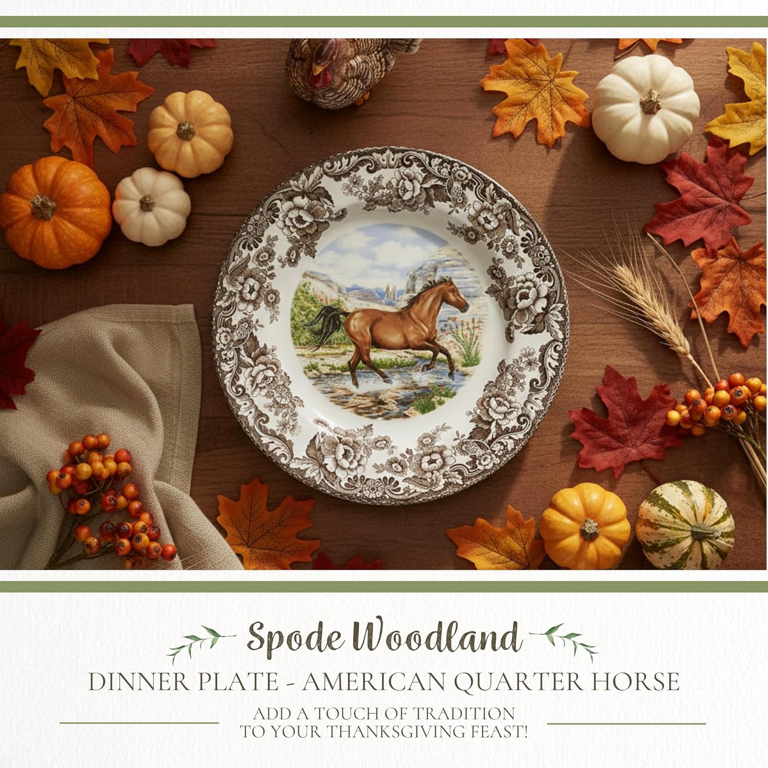 Spode Woodland Dinner Plate, Horse | 10.5 Inch | Hunting Cabin, Lodge, and Cottage Décor | Made in England from Fine Earthenware | Microwave and Dishwasher Safe (American Quarter Horse)
