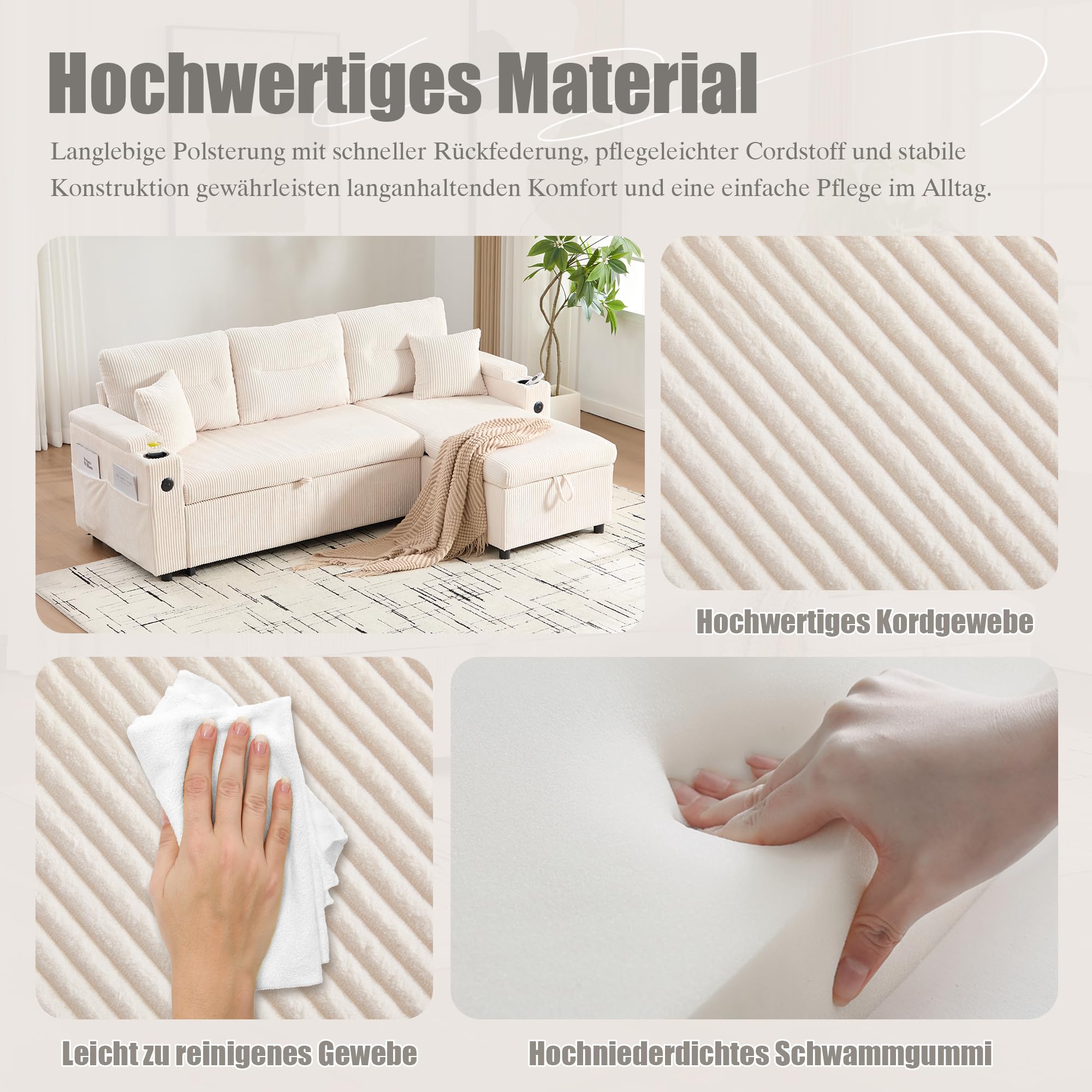 Sofá de 3 plazas con función de cama, chaise longue, espacio de almacenamiento, USB-C, sofá de pana, hidráulico, cama con cajón, soporte para bebidas