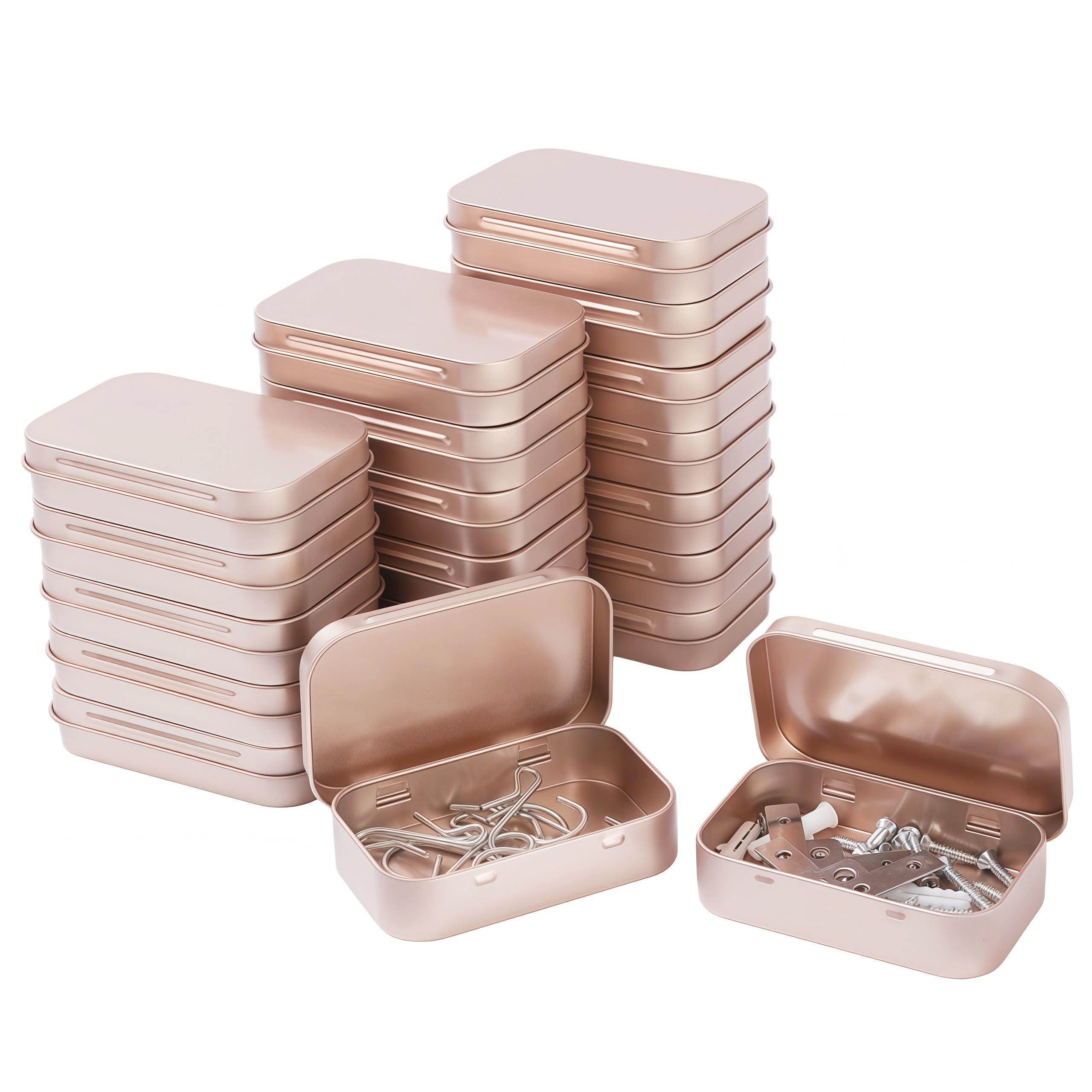 LJY 20 Pack Rose Gold Rectangular Metal Tin Box with Hinged Lid 9.5 x 6 x 2.2 cm – Empty Small Storage Tins for DIY Labelling, Survival Kits, Soap and Hardware Organiser